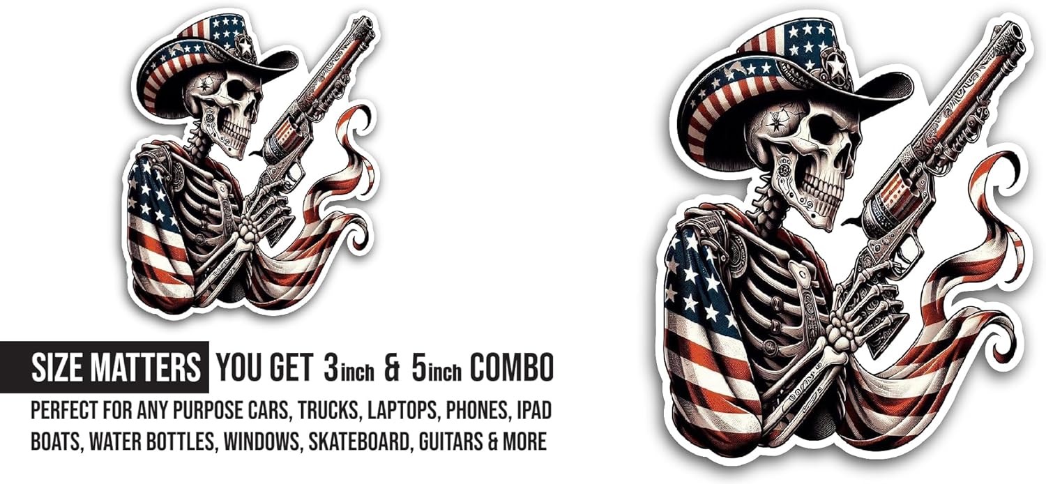2 (Pieces) 3" and 5" Skeleton with A Gun Sticker, Waterproof Vinyl Decals for Many Purpose Like Cars, Trucks, Laptops, Phones, Windows and More