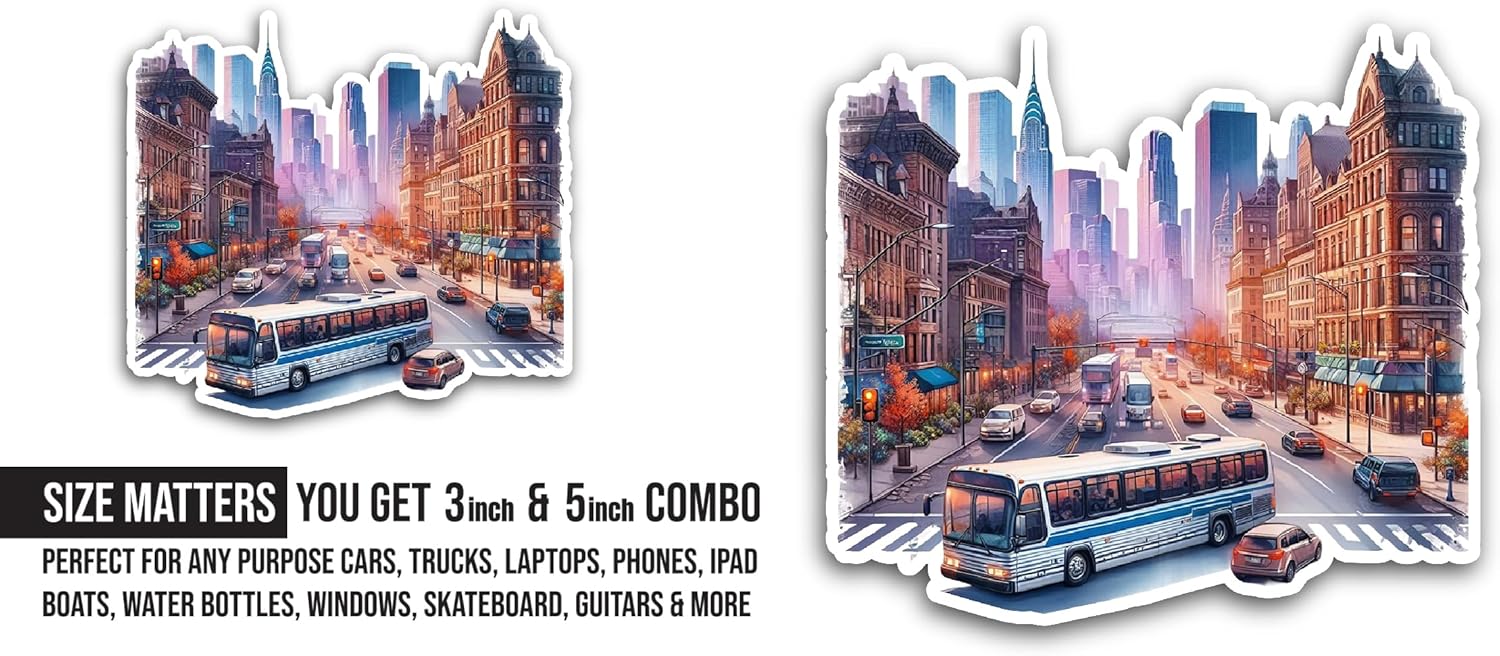 2 (Pieces) 3" and 5" Busy City Street Sticker, Waterproof Vinyl Decals for Many Purpose Like Cars, Trucks, Laptops, Phones, Windows and More