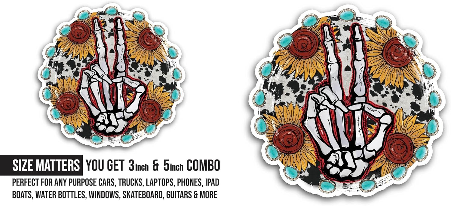 2 (Pieces) 3" and 5" Skeleton Hand and Sunflowers Sticker, Waterproof Vinyl Decals for Many Purpose Like Cars, Trucks, Laptops, Phones, Windows and More
