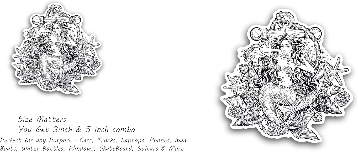 2 (Pieces) 3" and 5" Mermaid Girl with Fairy Tale Hair Sticker, Waterproof Vinyl Decals for Many Purpose Like Cars, Trucks, Laptops, Phones, Windows and More