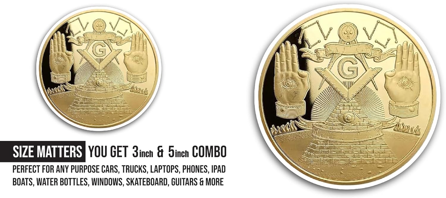 2 (Pieces) 3" and 5" Gold Plated Masonic Coin Sticker, Waterproof Vinyl Decals for Many Purpose Like Cars, Trucks, Laptops, Phones, Windows and More