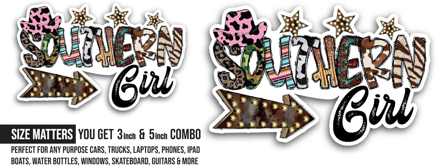 2 (Pieces) 3" and 5" Southern Girl Sticker, Waterproof Vinyl Decals for Many Purpose Like Cars, Trucks, Laptops, Phones, Windows and More