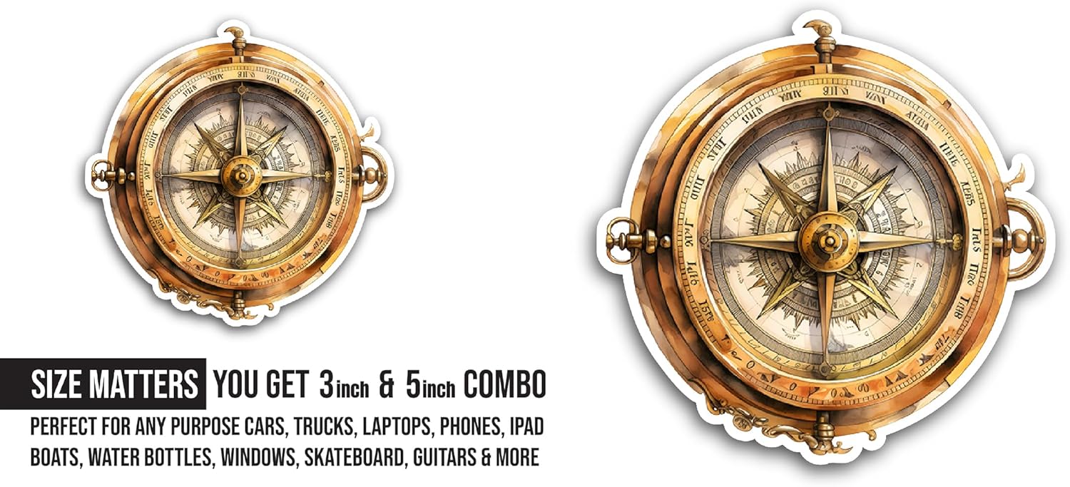 2 (Pieces) 3" and 5" Old Style Compass Sticker, Waterproof Vinyl Decals for Many Purpose Like Cars, Trucks, Laptops, Phones, Windows and More