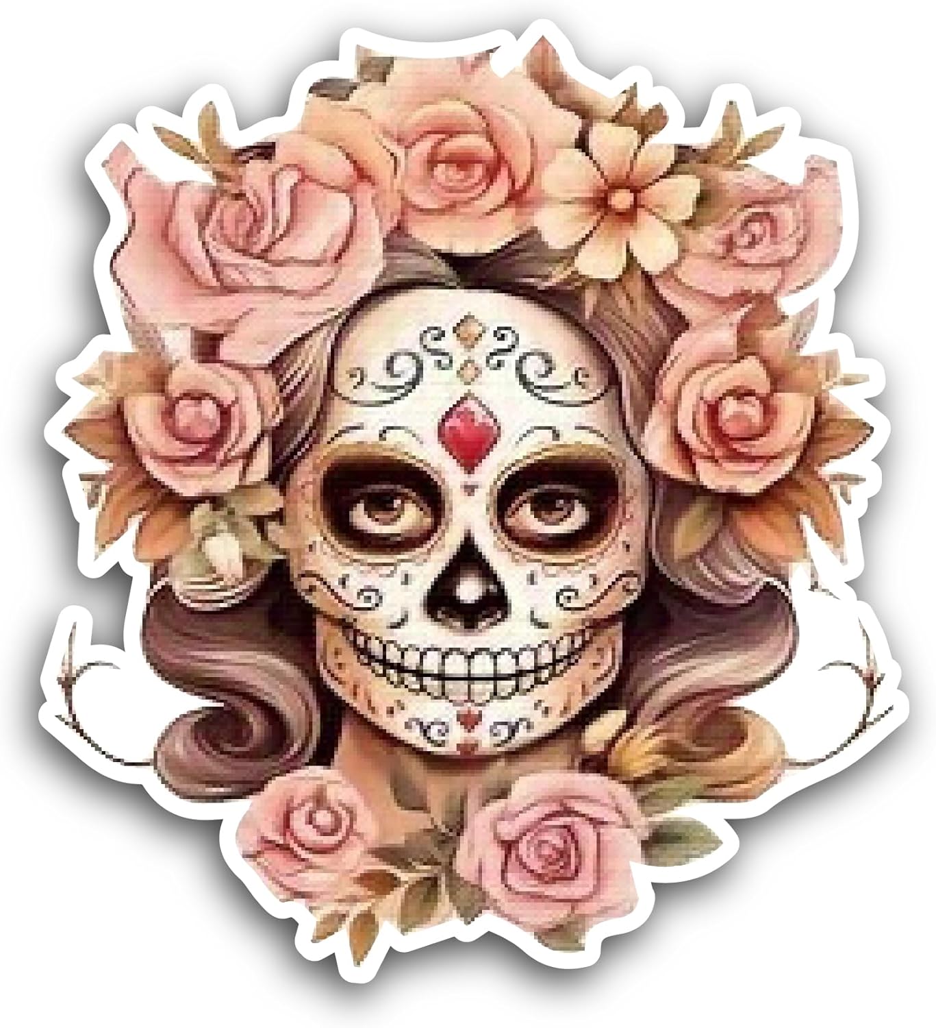 2 (Pieces) 3" and 5" Sugar Skull Girl with Flowers Sticker, Waterproof Vinyl Decals for Many Purpose Like Cars, Trucks, Laptops, Phones, Windows and More