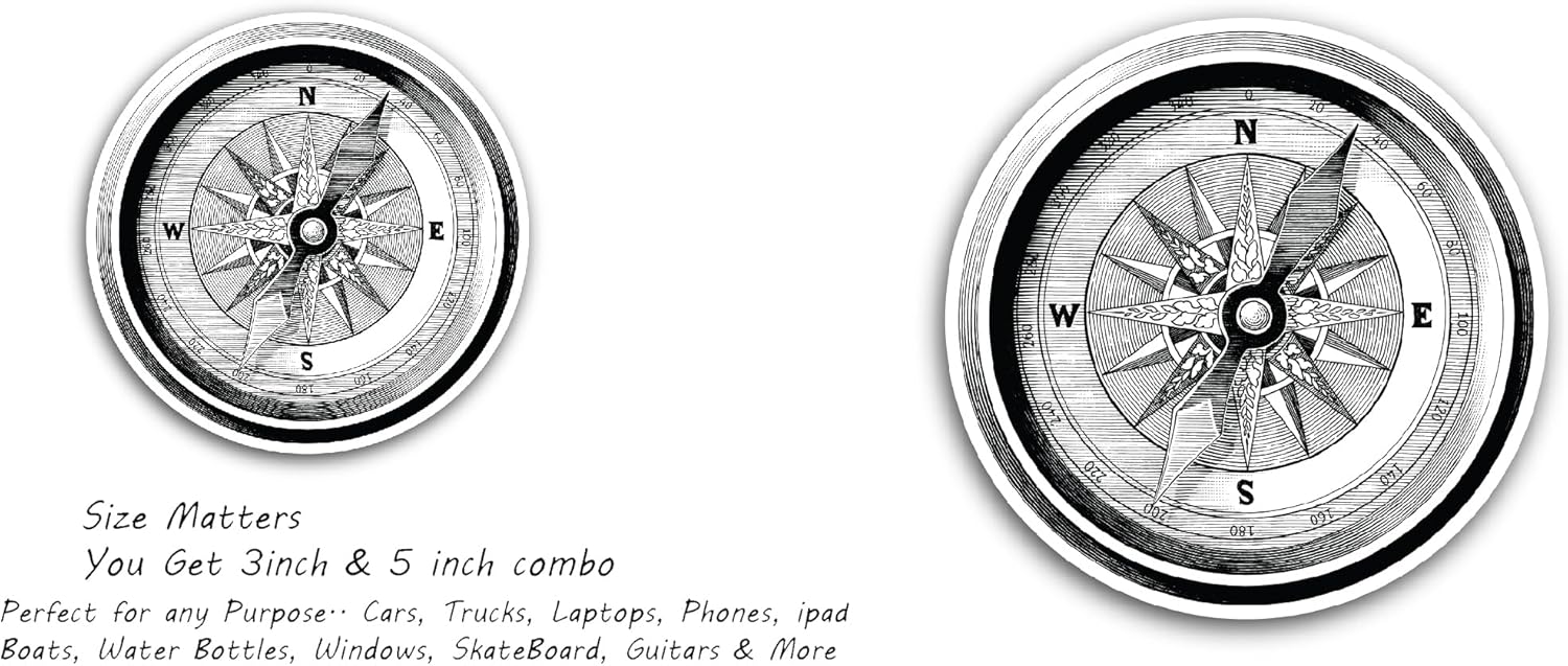 2 (Pieces) 3" and 5" Compass Decal Sticker, High Quality Waterproof Vinyl Decals for Many Purpose Like Cars, Trucks, Laptops, Phones, Windows and More