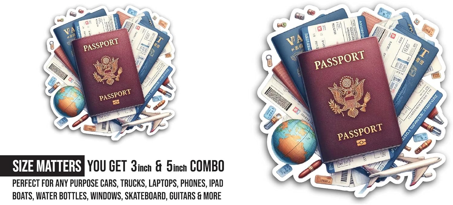 2 (Pieces) 3" and 5" Travel Visa Passport Sticker, Waterproof Vinyl Decals for Many Purpose Like Cars, Trucks, Laptops, Phones, Windows and More