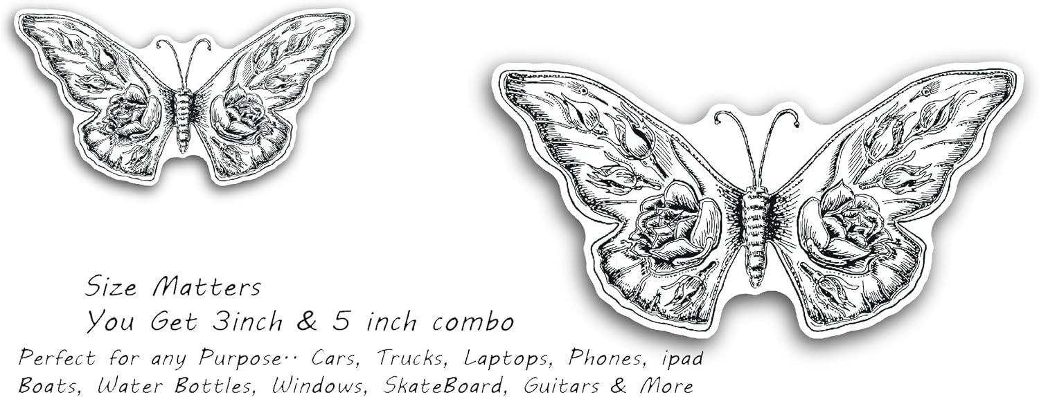 2 (Pieces) 3" and 5" Rose Flower Butterfly Sticker, Waterproof Vinyl Decals for Many Purpose Like Cars, Trucks, Laptops, Phones, Windows and More