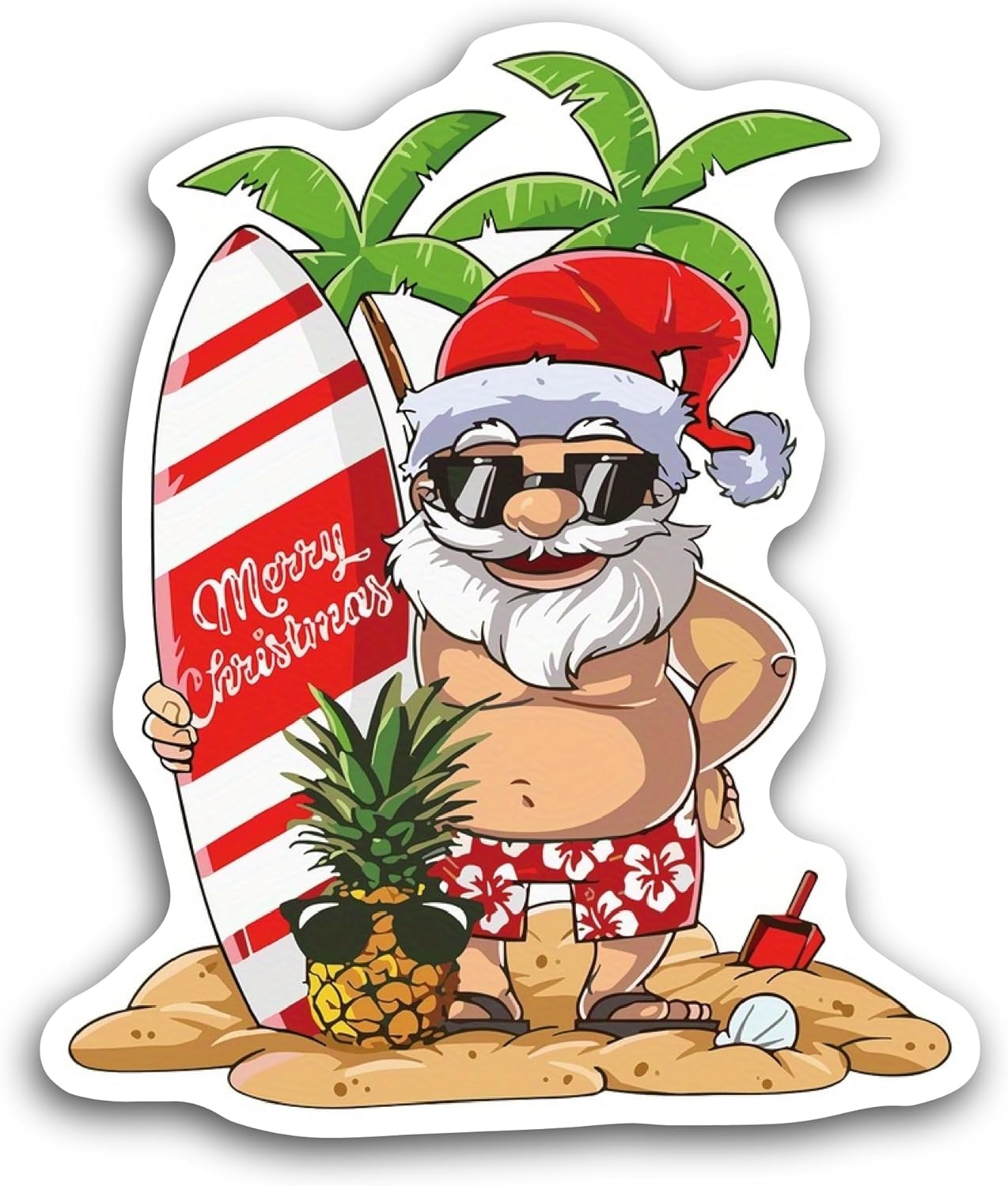 2 (Pieces) 3" and 5" Surfing Santa Cartoon Sticker, Waterproof Vinyl Decals for Many Purpose Like Cars, Trucks, Laptops, Phones, Windows and More