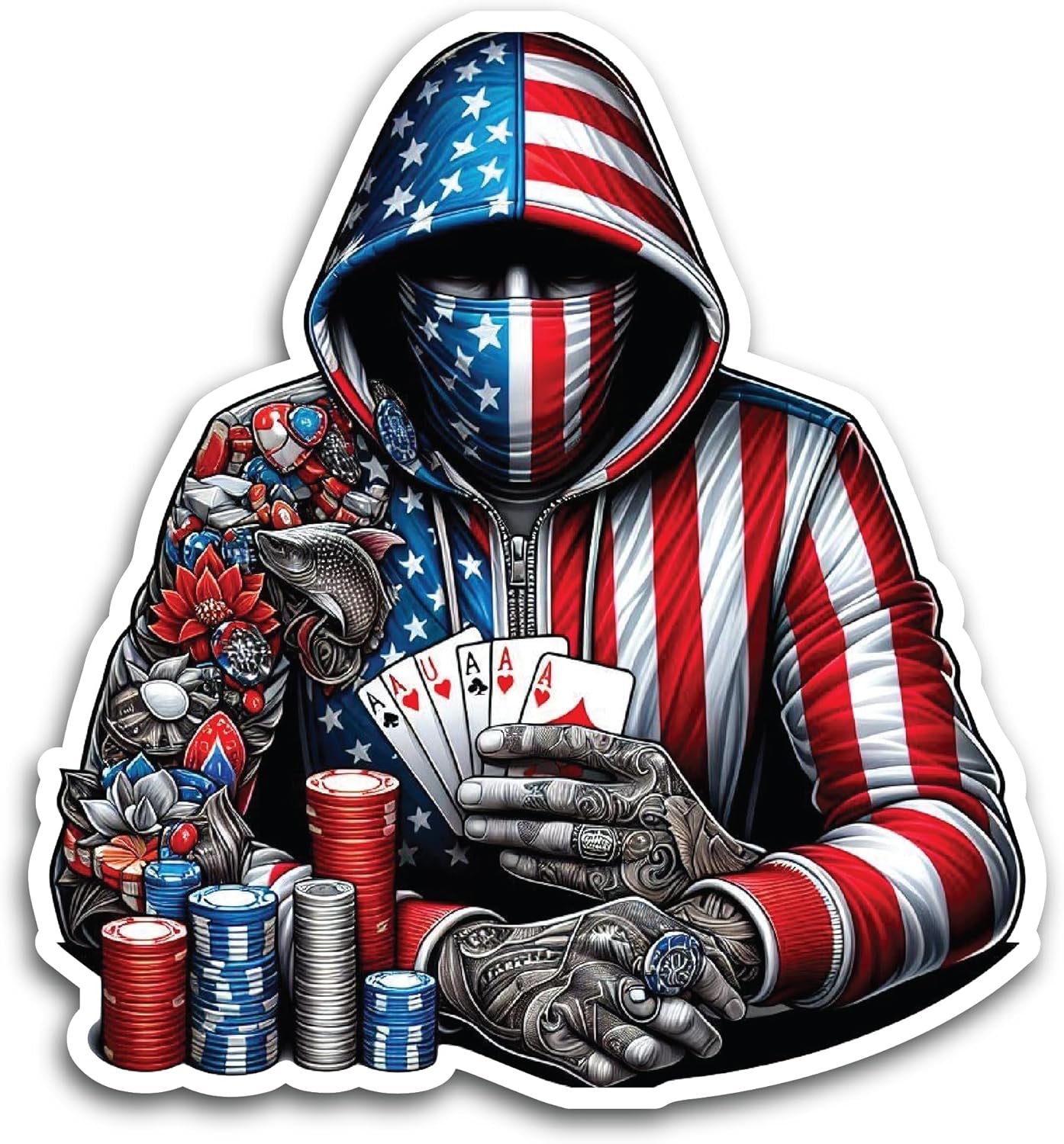 2 (Pieces) 3" and 5" Mask Man in Casino with Cards in American Flag Hoodie Decal Sticker, Waterproof Vinyl Decals for Many Purpose Like Cars, Trucks, Laptops, Phones, Windows and More