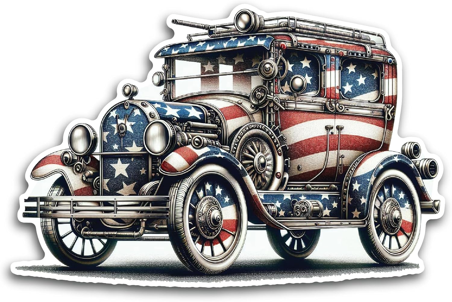 2 (Pieces) 3" and 5" Vintage Car with USA Flag Design Decal Sticker, Waterproof Vinyl Decals for Many Purpose Like Cars, Trucks, Laptops, Phones, Windows and More