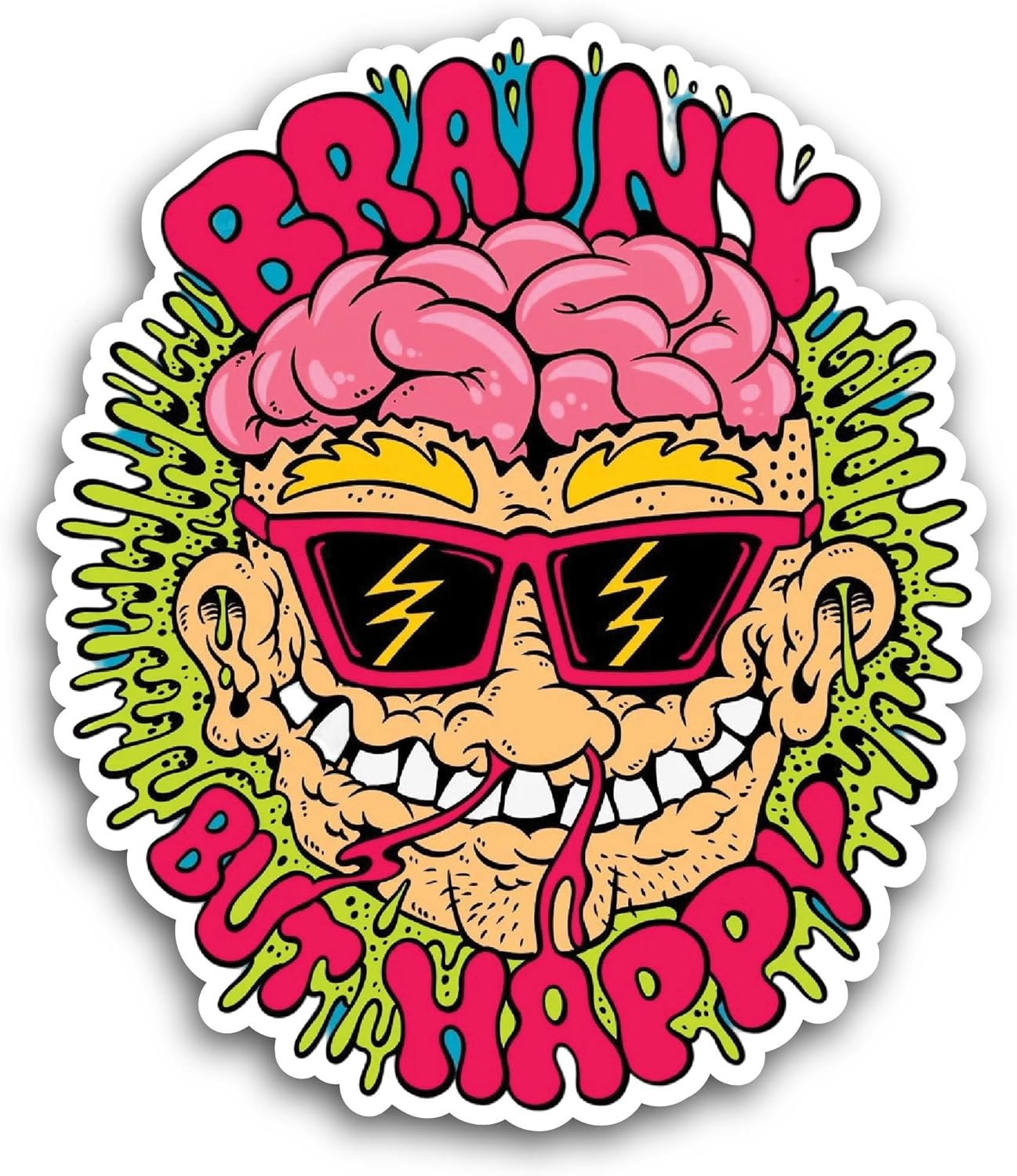2 (Pieces) 3" and 5" Brainy But Happy Sticker, Waterproof Vinyl Decals for Many Purpose Like Cars, Trucks, Laptops, Phones, Windows and More