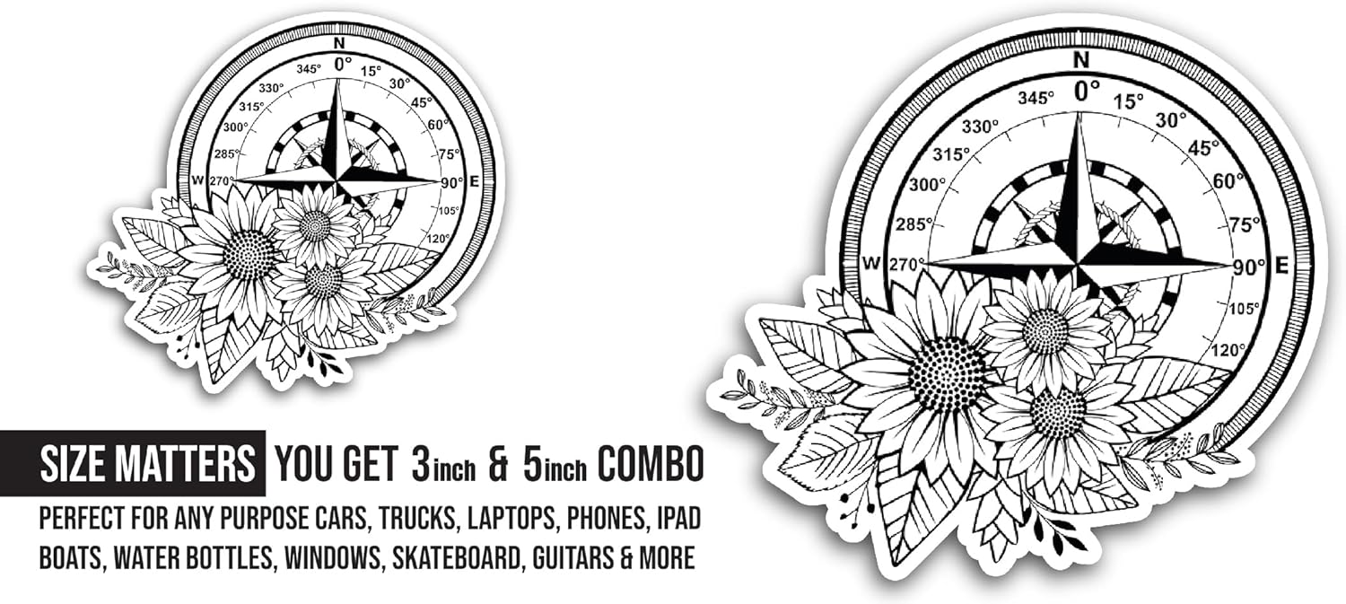 2 (Pieces) 3" and 5" Vintage Compass with Flowers Sticker, Waterproof Vinyl Decals for Many Purpose Like Cars, Trucks, Laptops, Phones, Windows and More