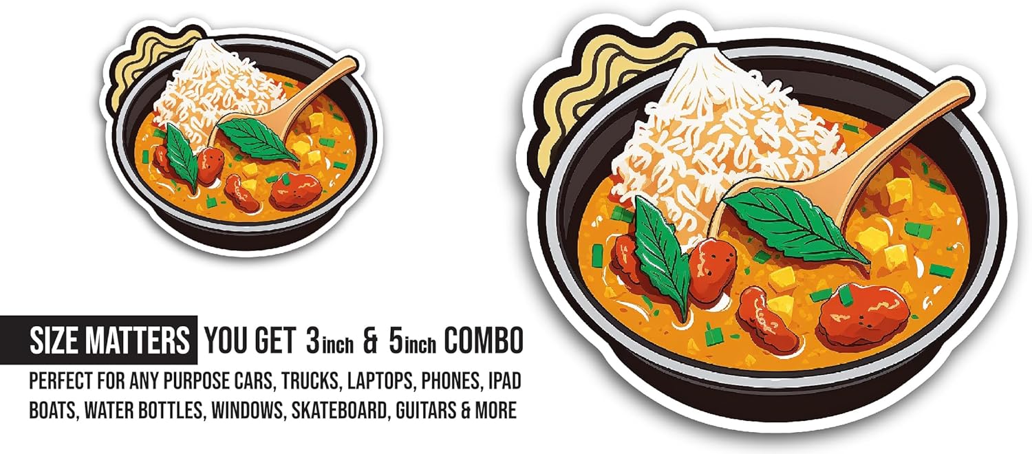 2 (Pieces) 3" and 5" Curry Soup Sticker, Waterproof Vinyl Decals for Many Purpose Like Cars, Trucks, Laptops, Phones, Windows and More
