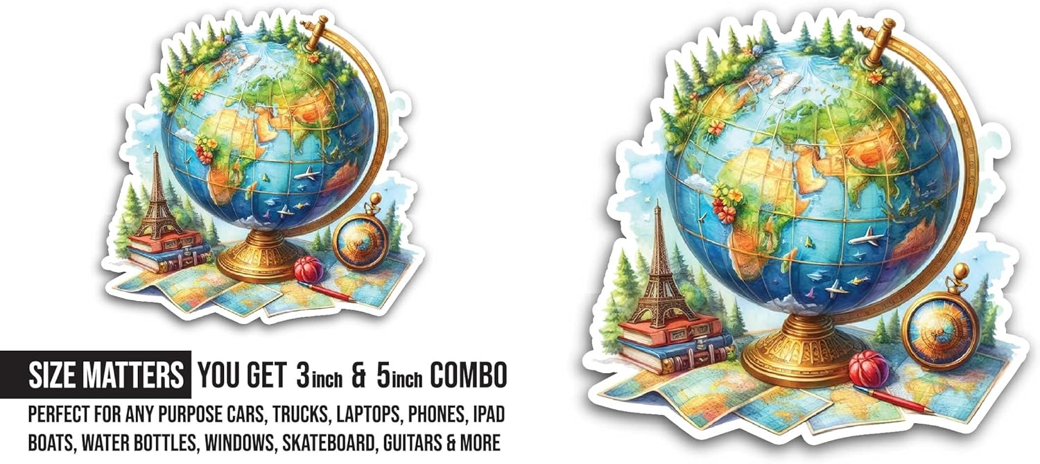 2 (Pieces) 3" and 5" Earth Globe Sticker, Waterproof Vinyl Decals for Many Purpose Like Cars, Trucks, Laptops, Phones, Windows and More