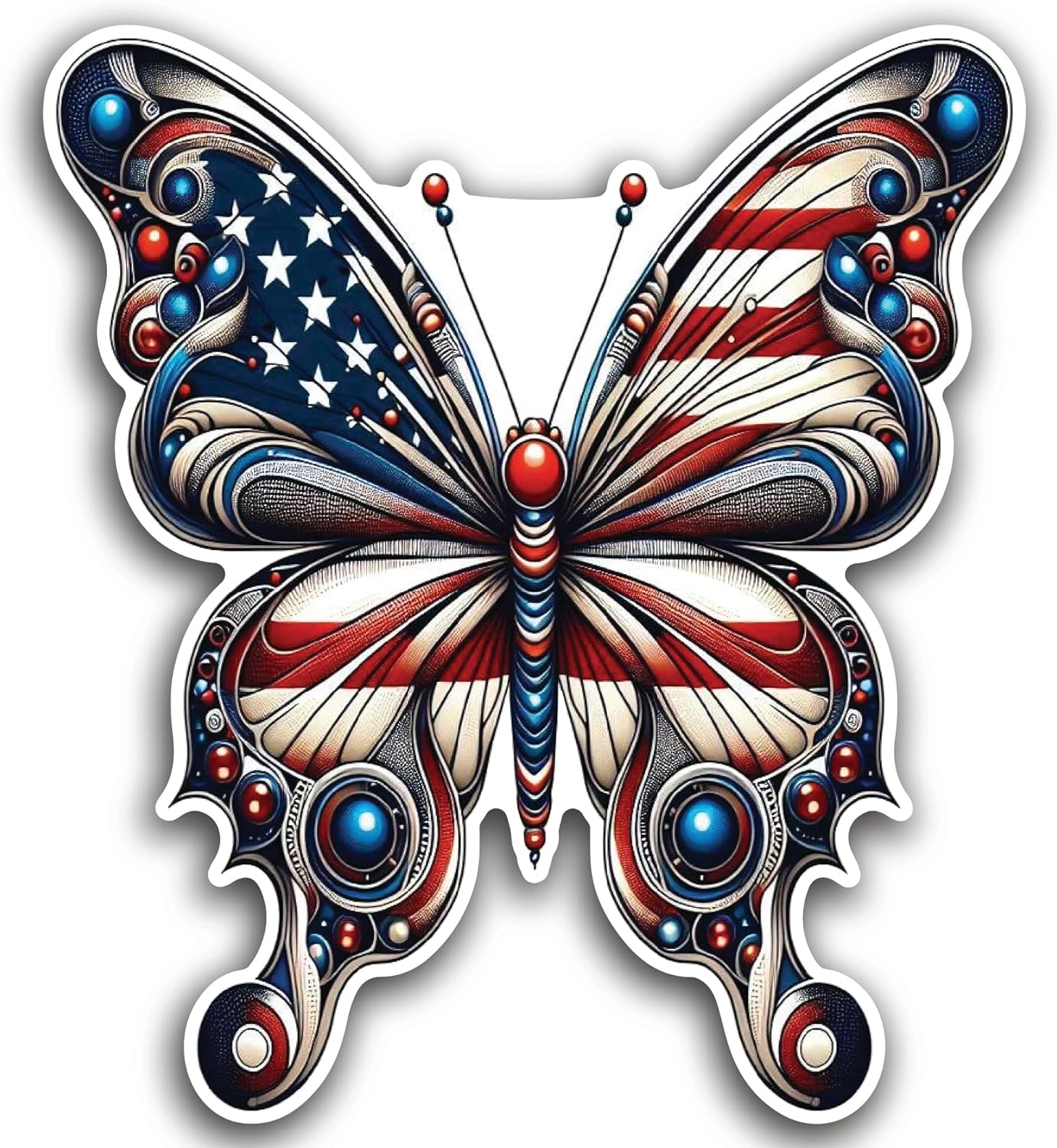 2 (Pieces) 3" and 5" Butterfly with US Flag and Blue Pearl Design Decal Sticker, Waterproof Vinyl Decals for Many Purpose Like Cars, Trucks, Laptops, Phones, Windows and More