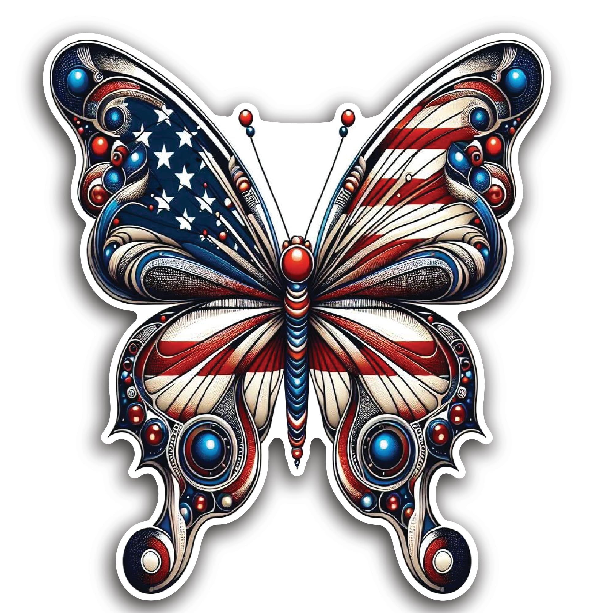 2 (Pieces) 3" and 5" Butterfly with US Flag and Blue Pearl Design Decal Sticker, Waterproof Vinyl De