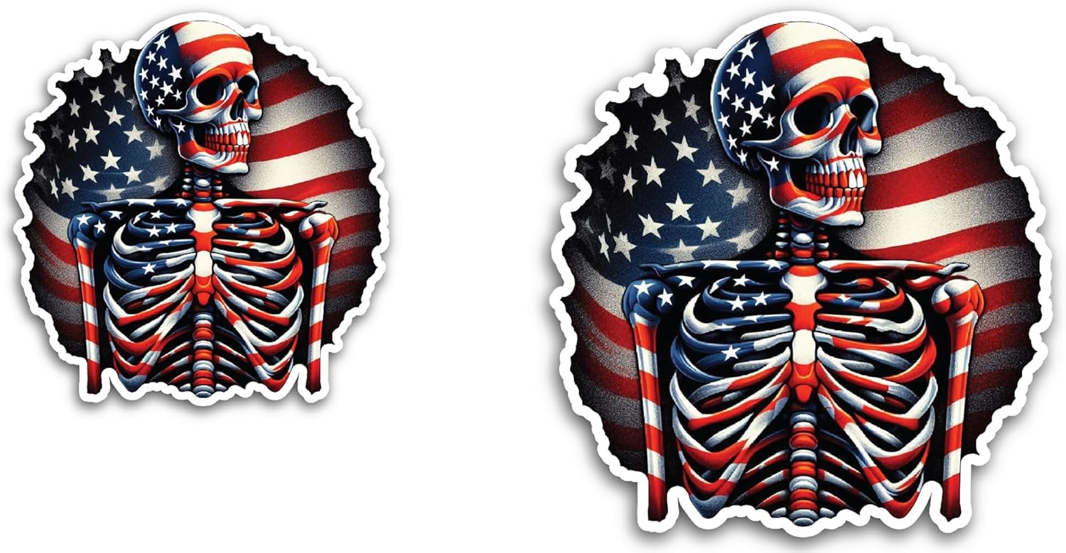 2 (Pieces) 3" and 5" Skeleton in Front of American Flag Decal Sticker, Waterproof Vinyl Decals for Many Purpose Like Cars, Trucks, Laptops, Phones, Windows and More