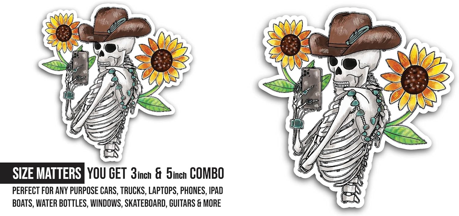 2 (Pieces) 3" and 5" Skeleton with Hat and Sunflowers Sticker, Waterproof Vinyl Decals for Many Purpose Like Cars, Trucks, Laptops, Phones, Windows and More