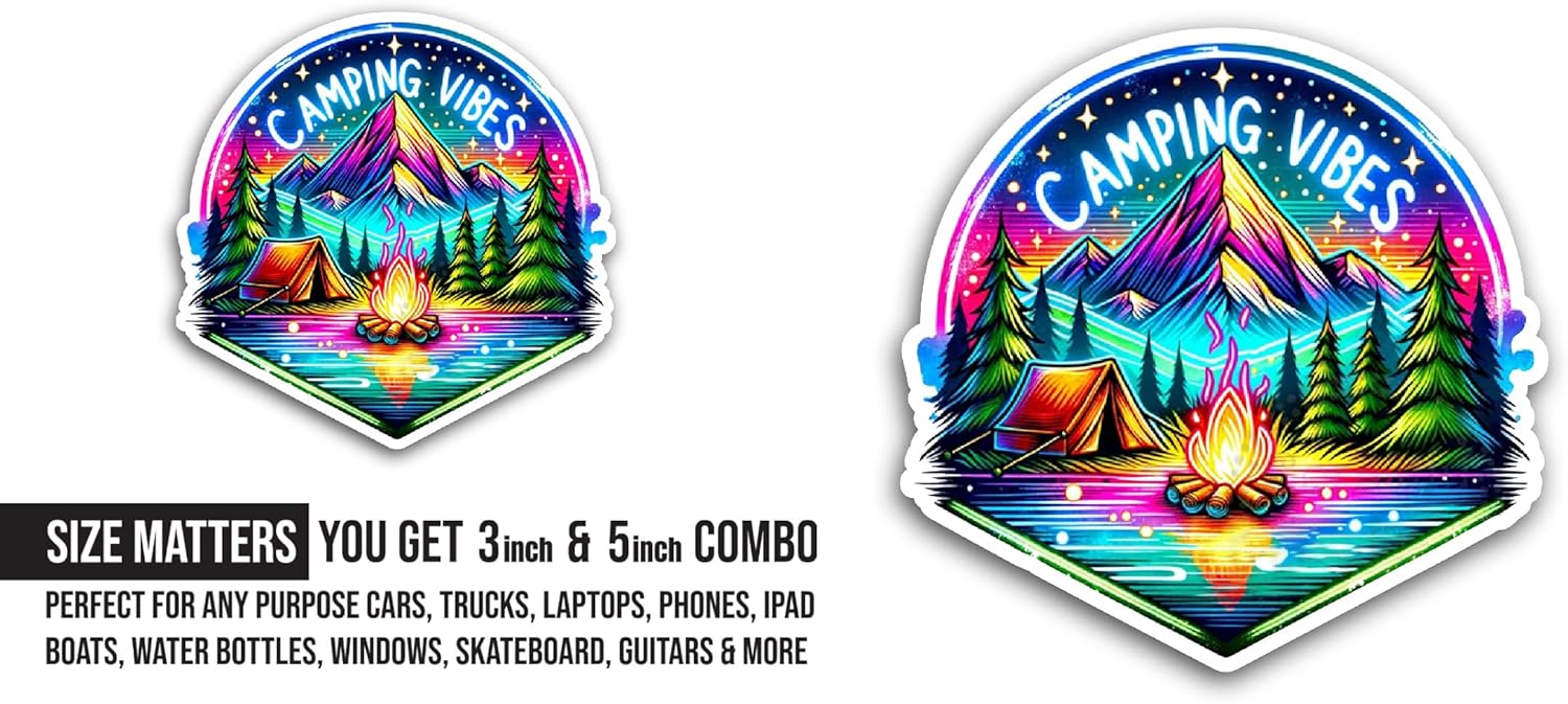 2 (Pieces) 3" and 5" Camping Vibes Sticker, Waterproof Vinyl Decals for Many Purpose Like Cars, Trucks, Laptops, Phones, Windows and More
