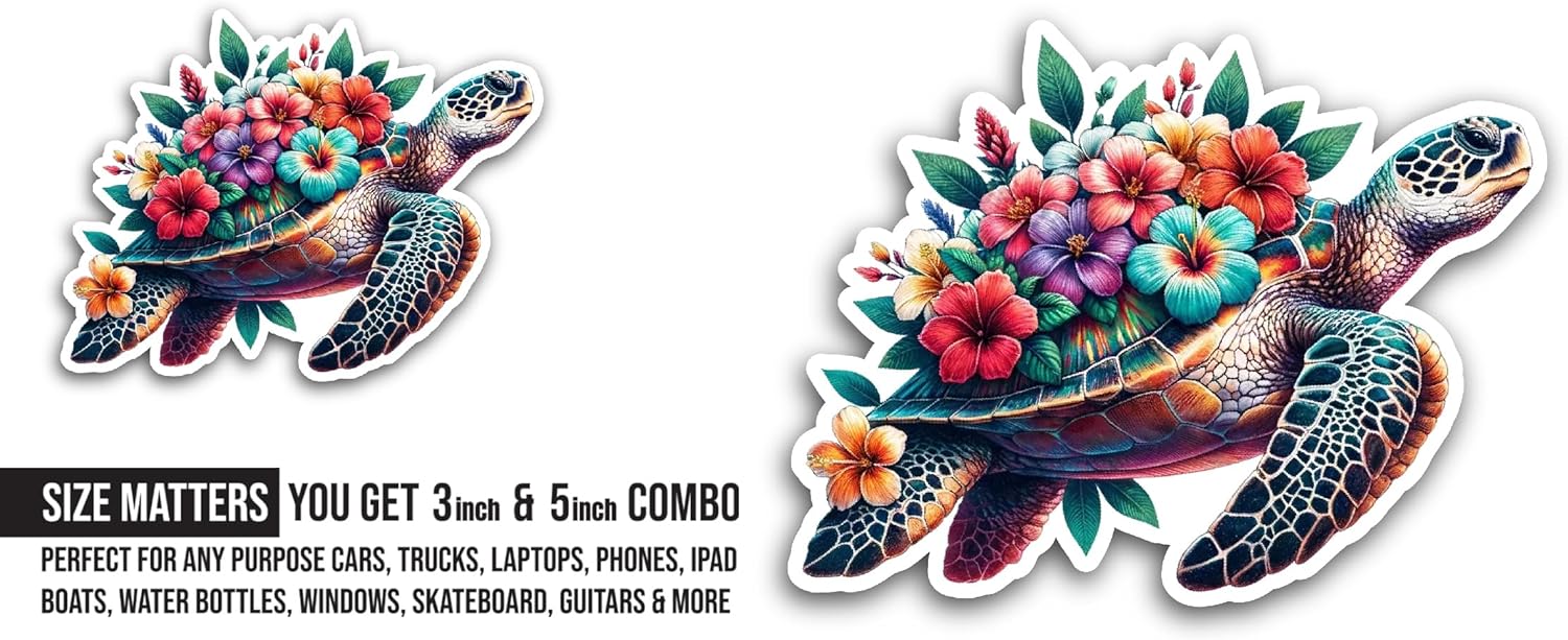2 (Pieces) 3" and 5" Floral Sea Turtle Sticker, Waterproof Vinyl Decals for Many Purpose Like Cars, Trucks, Laptops, Phones, Windows and More