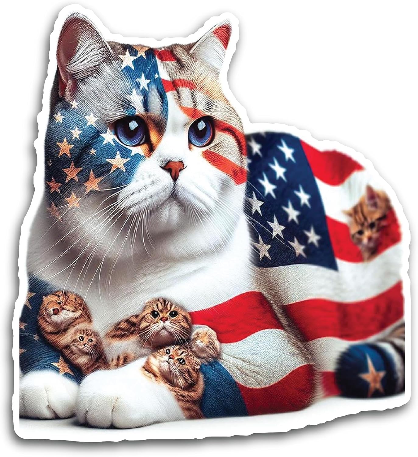 2 (Pieces) 3" and 5" Cat with USA Flag Design Colour Decal Sticker, Waterproof Vinyl Decals for Many Purpose Like Cars, Trucks, Laptops, Phones, Windows and More