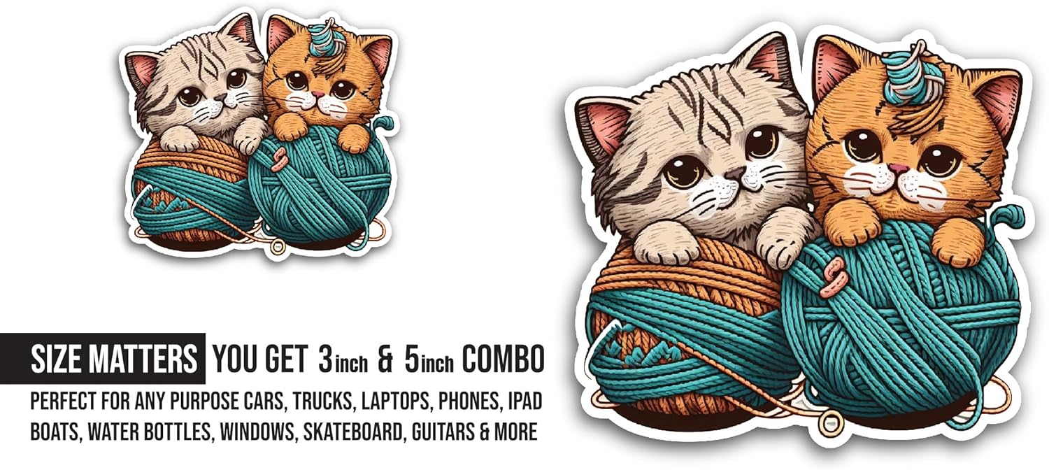 2 (Pieces) 3" and 5" Cute Kittens with Yarn Sticker, Waterproof Vinyl Decals for Many Purpose Like Cars, Trucks, Laptops, Phones, Windows and More