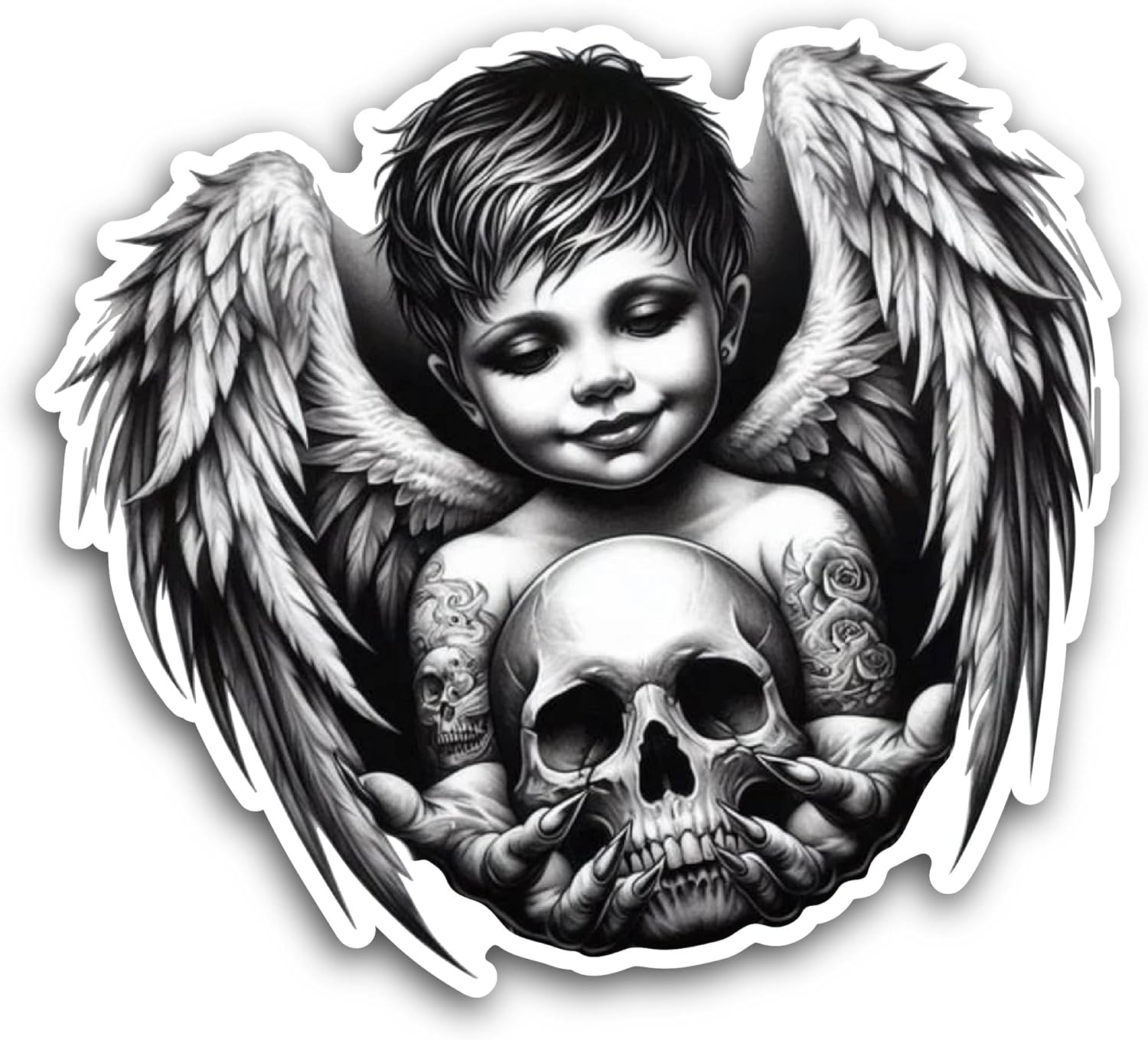 2 (Pieces) 3" and 5" Baby Angel with Skull Sticker, Waterproof Vinyl Decals for Many Purpose Like Cars, Trucks, Laptops, Phones, Windows and More