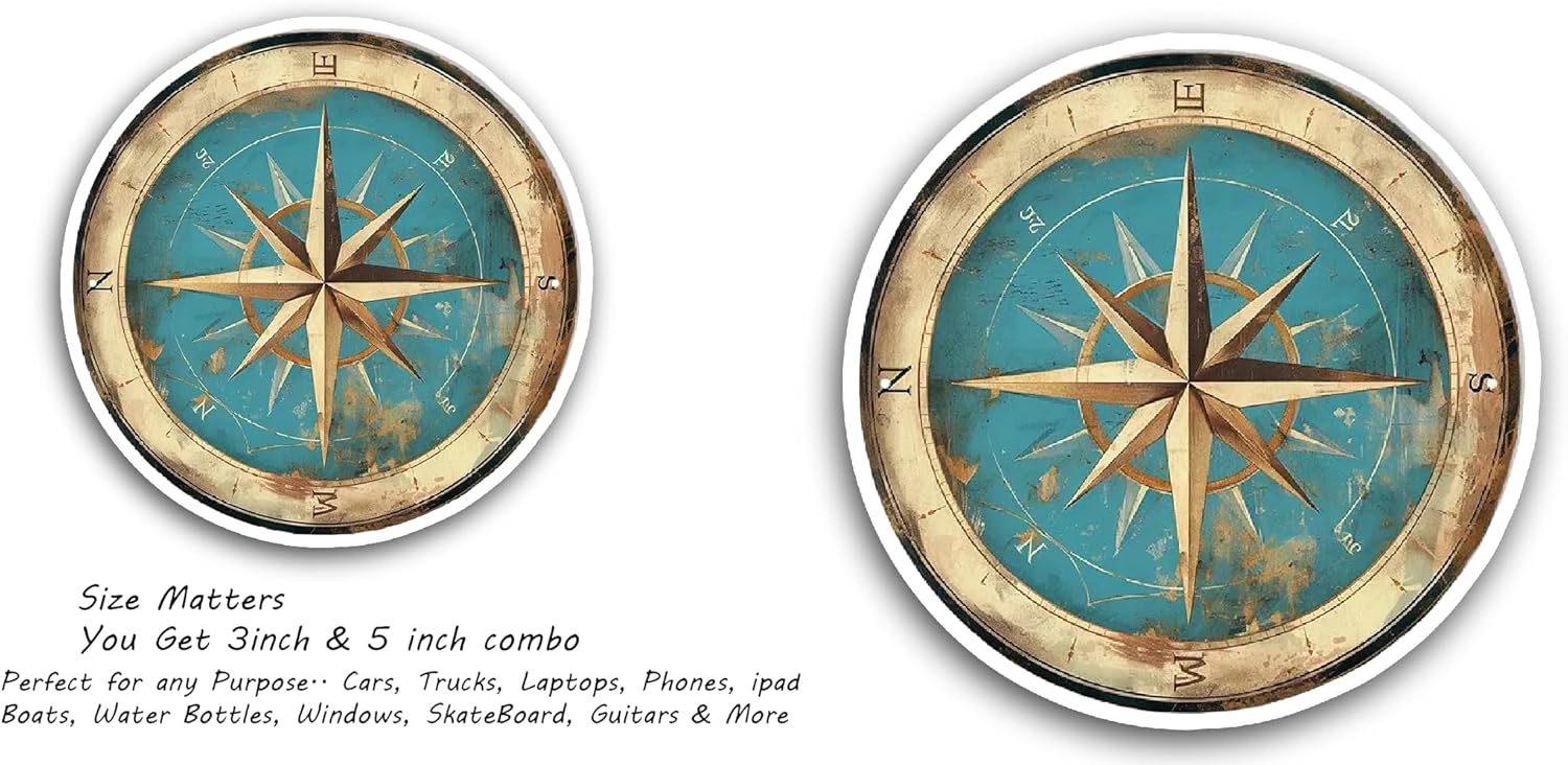2 (Pieces) 3" and 5" Watercolor Compass Sticker, Waterproof Vinyl Decals for Many Purpose Like Cars, Trucks, Laptops, Phones, Windows and More