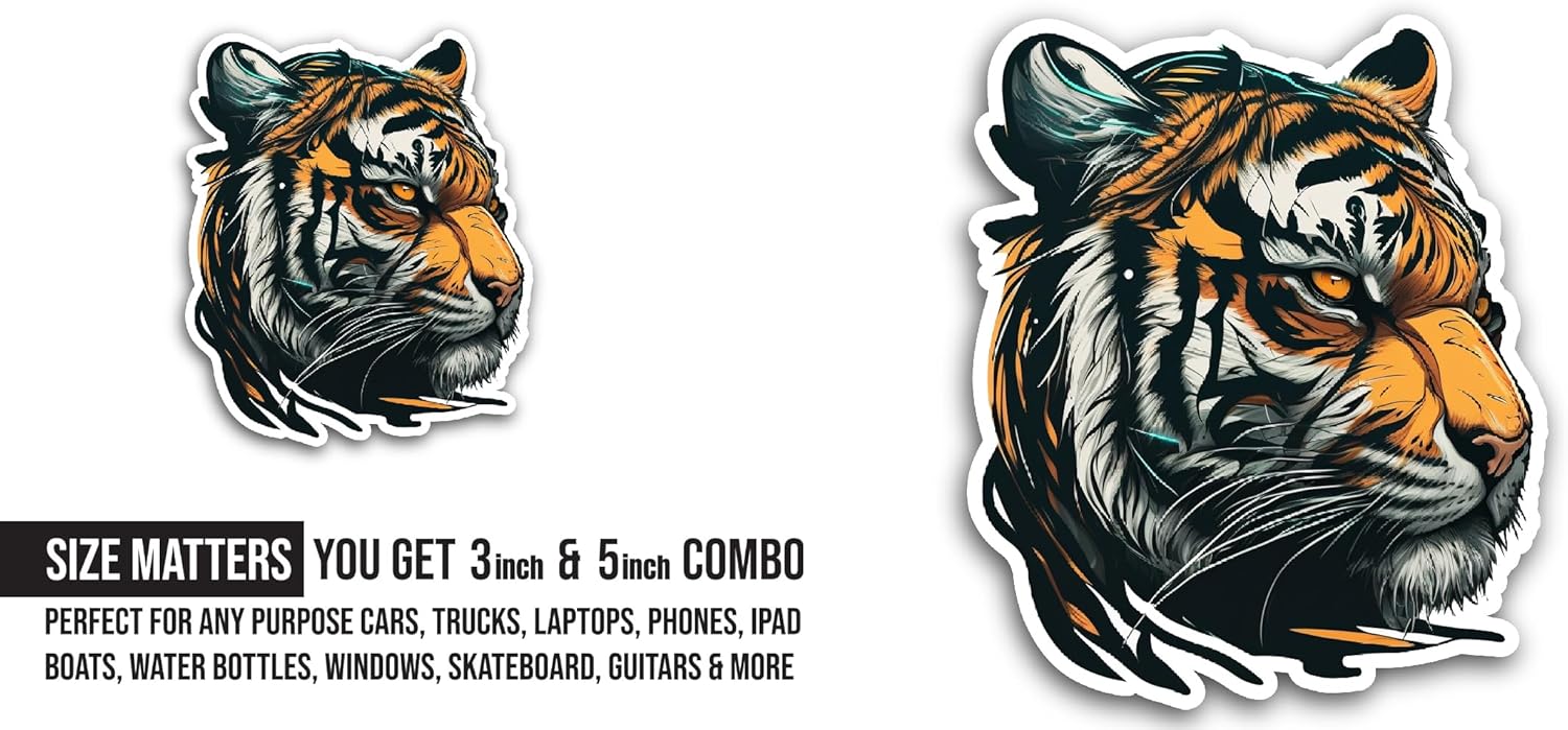 2 (Pieces) 3" and 5" Tiger Head Sticker, Waterproof Vinyl Decals for Many Purpose Like Cars, Trucks, Laptops, Phones, Windows and More