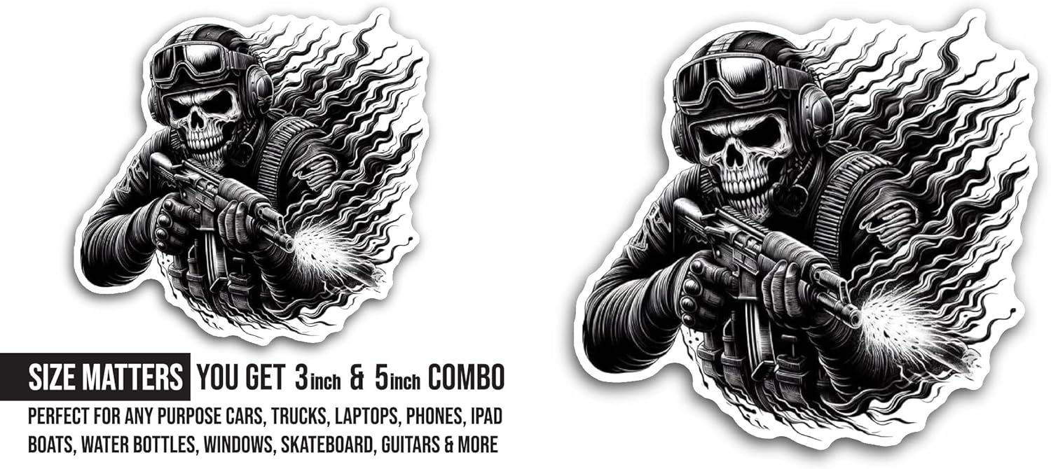 2 (Pieces) 3" and 5" Skull Soldier with Gun Sticker, Waterproof Vinyl Decals for Many Purpose Like Cars, Trucks, Laptops, Phones, Windows and More