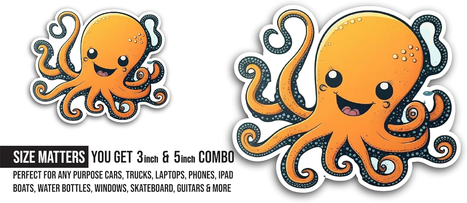 2 (Pieces) 3" and 5" Octopus Sticker, Waterproof Vinyl Decals for Many Purpose Like Cars, Trucks, Laptops, Phones, Windows and More