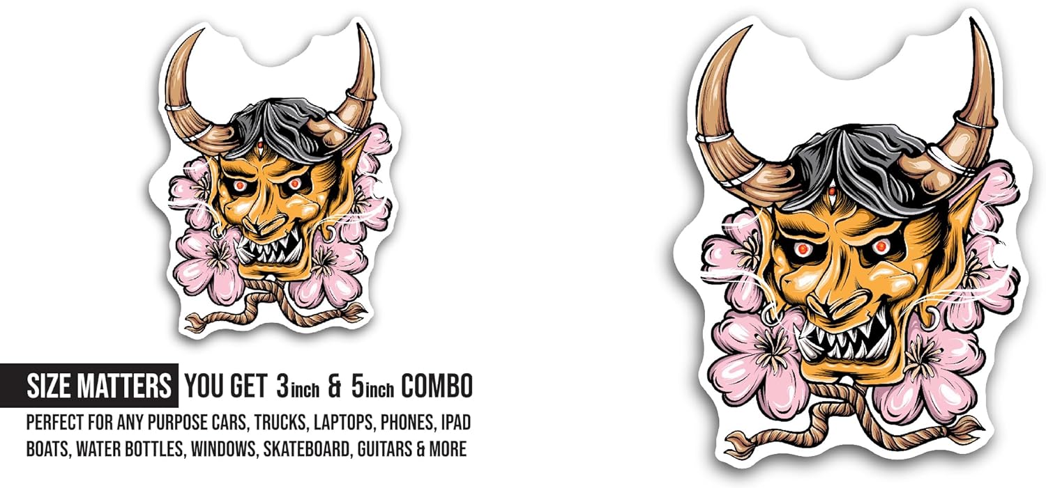 2 (Pieces) 3" and 5" Demon Mask Sticker, Waterproof Vinyl Decals for Many Purpose Like Cars, Trucks, Laptops, Phones, Windows and More