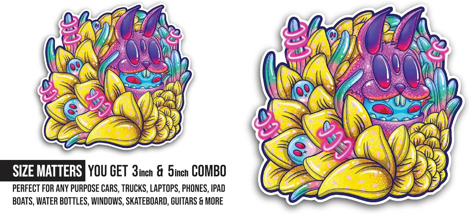 2 (Pieces) 3" and 5" Colorful Smiling Monster Sticker, Waterproof Vinyl Decals for Many Purpose Like Cars, Trucks, Laptops, Phones, Windows and More