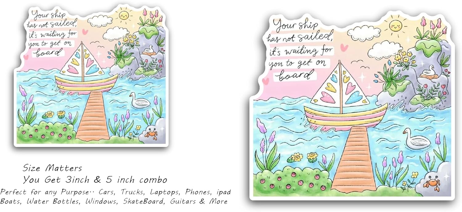 2 (Pieces) 3" and 5" Mountain and Boat Sticker, Waterproof Vinyl Decals for Many Purpose Like Cars, Trucks, Laptops, Phones, Windows and More