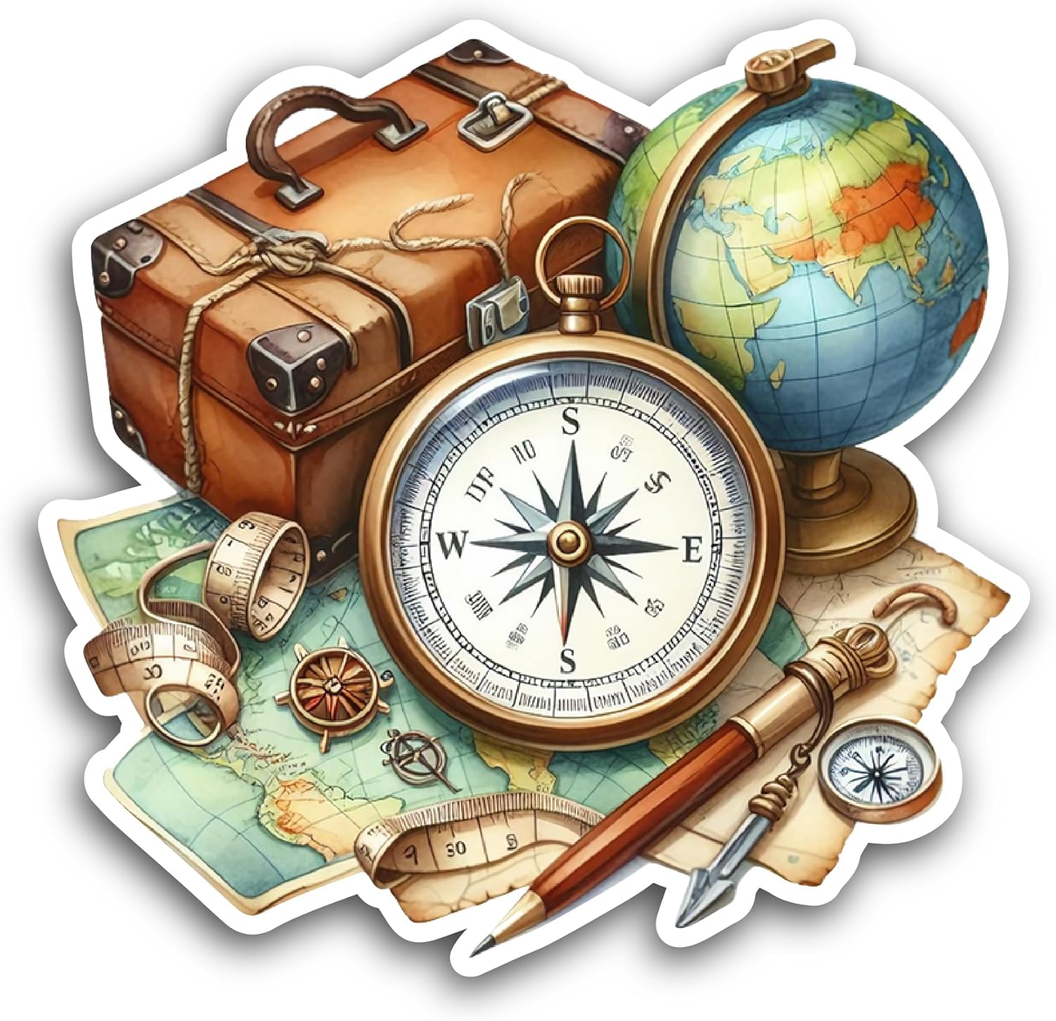 2 (Pieces) 3" and 5" Vintage Suitcase and Compass Sticker, Waterproof Vinyl Decals for Many Purpose Like Cars, Trucks, Laptops, Phones, Windows and More