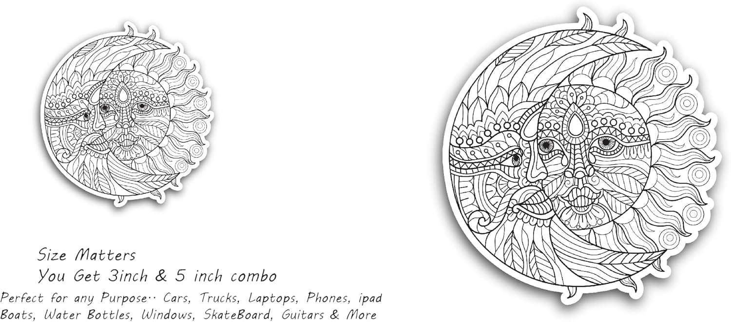 2 (Pieces) 3" and 5" Sun & Moon Vinyl Decals Sticker, Waterproof Vinyl Decals for Many Purpose Like Cars, Trucks, Laptops, Phones, Windows and More
