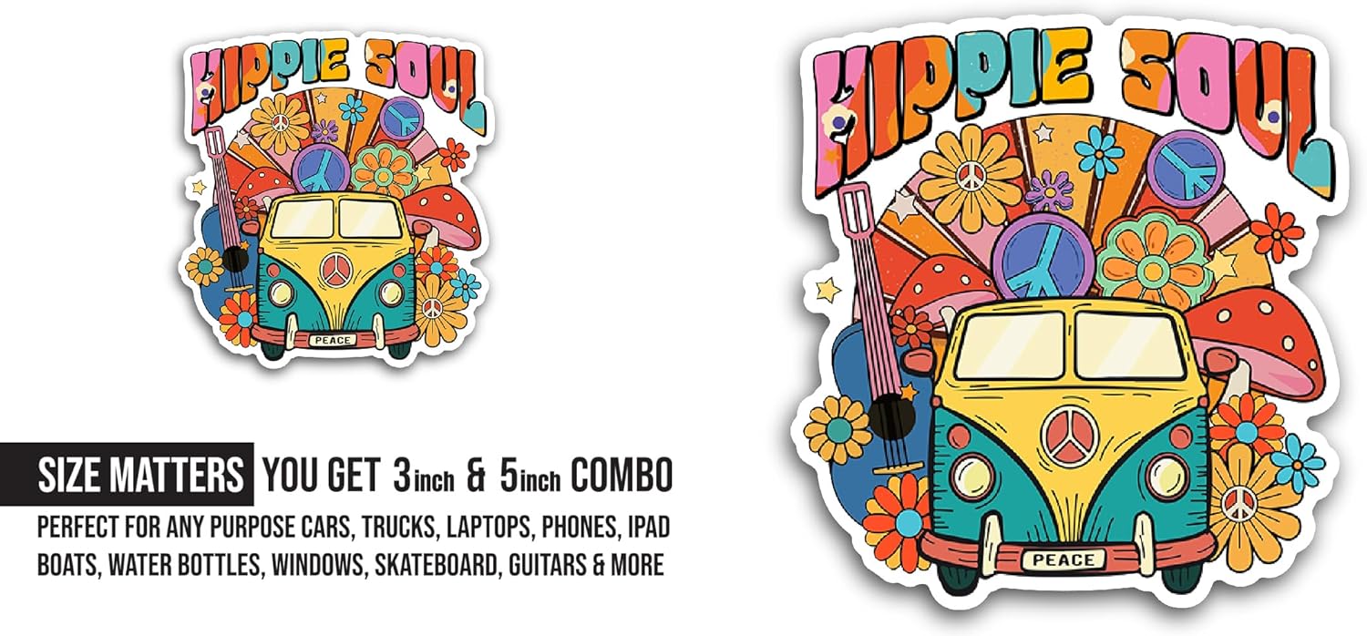 2 (Pieces) 3" and 5" Hippie Soul Sticker, Waterproof Vinyl Decals for Many Purpose Like Cars, Trucks, Laptops, Phones, Windows and More