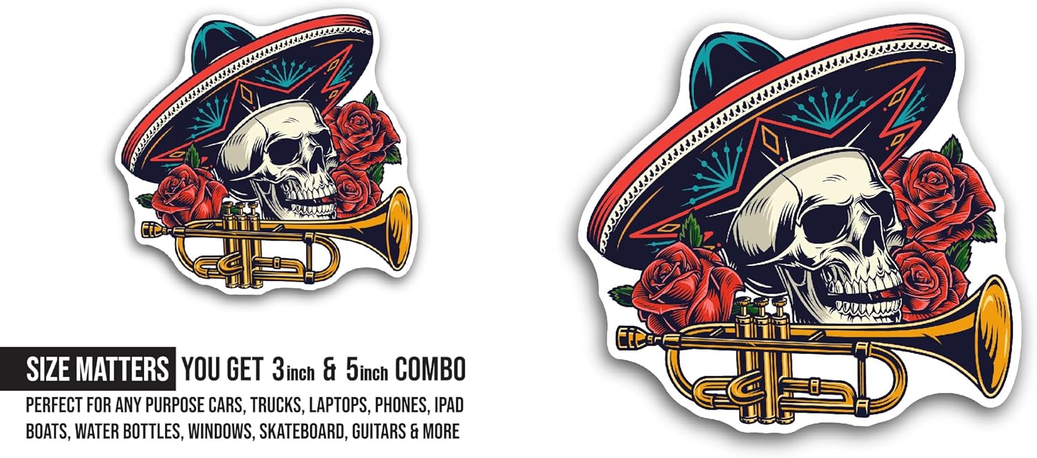 2 (Pieces) 3" and 5" Skull in Mexican Hat Sticker, Waterproof Vinyl Decals for Many Purpose Like Cars, Trucks, Laptops, Phones, Windows and More