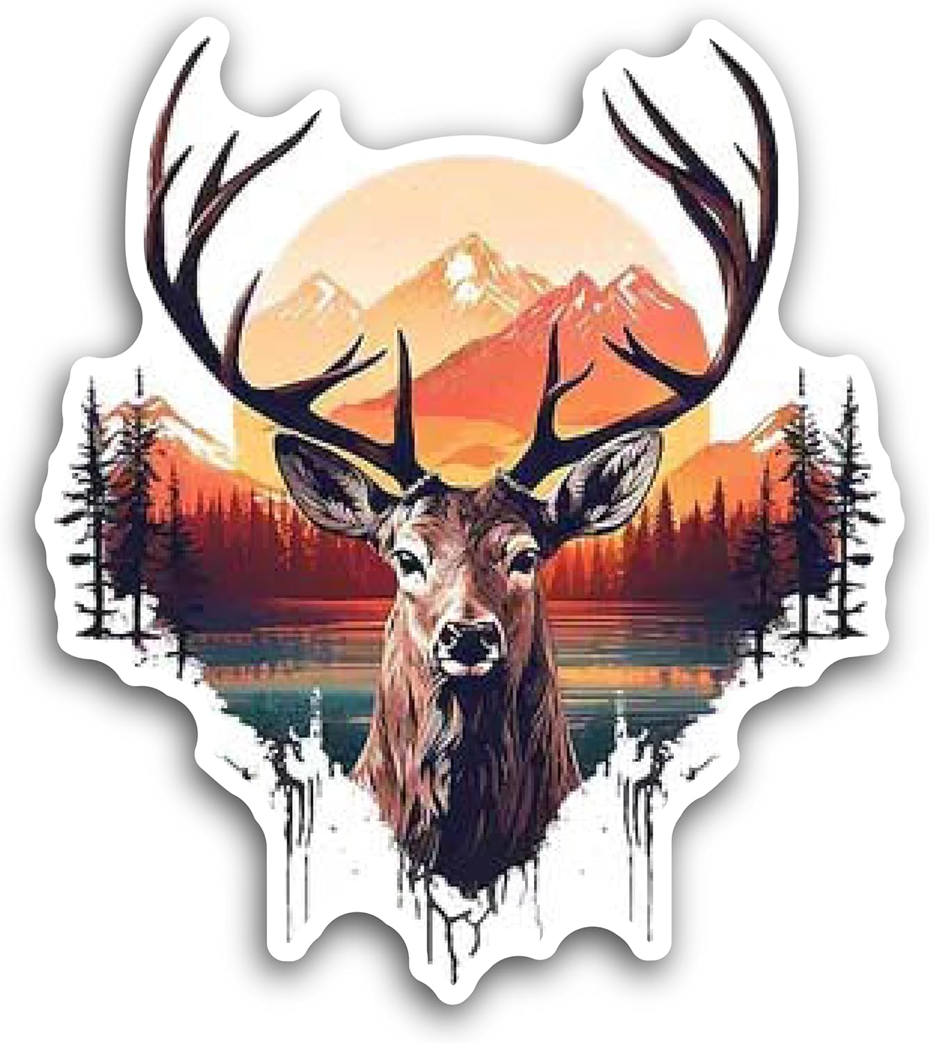 2 (Pieces) 3" and 5" Deer face with Scenary at The Background Decal Sticker, Waterproof Vinyl Decals for Many Purpose Like Cars, Trucks, Laptops, Phones, Windows and More