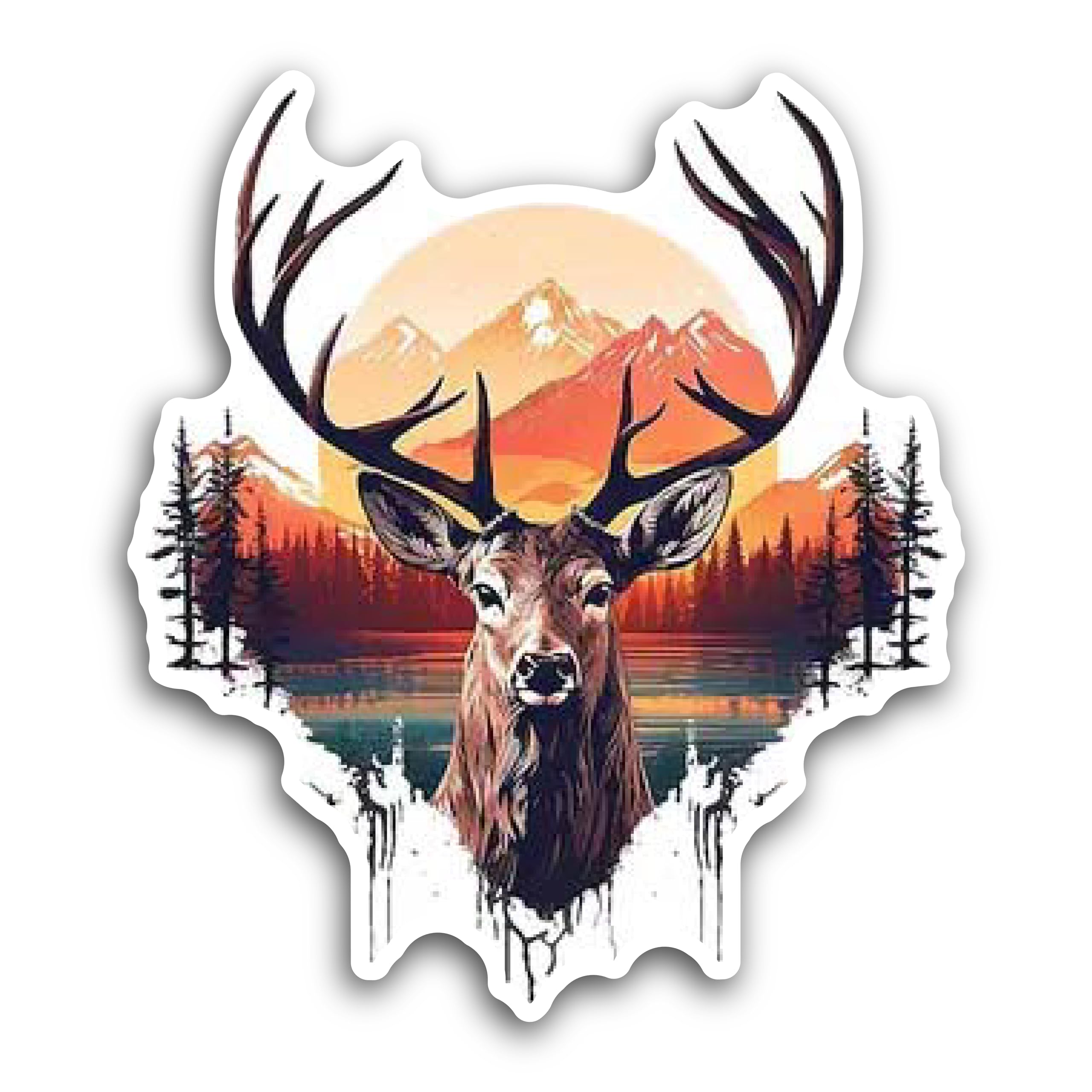 2 (Pieces) 3" and 5" Deer face with Scenary at The Background Decal Sticker, Waterproof Vinyl Decals