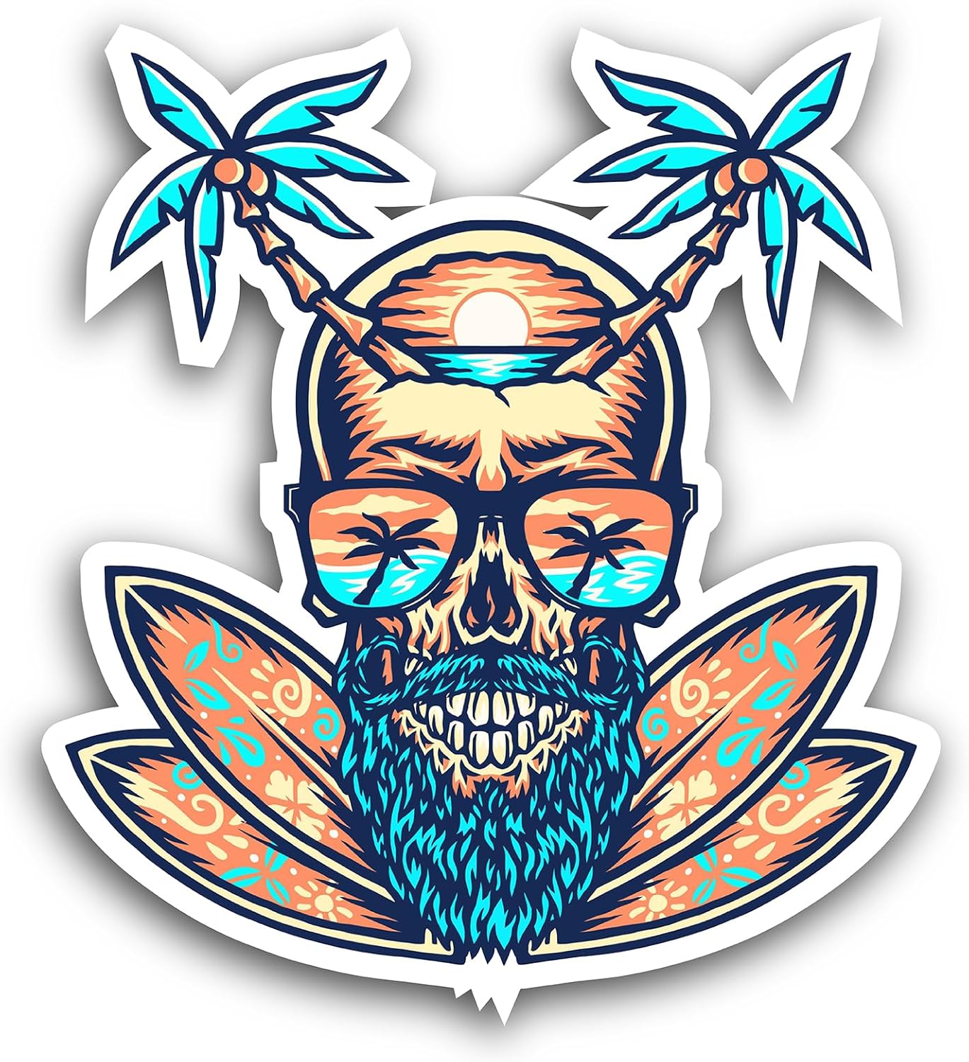 2 (Pieces) 3" and 5" Skull Summer Beach Sticker, Quality Waterproof Vinyl Decals for Many Purpose Like Cars, Trucks, Laptops, Phones, Windows and More