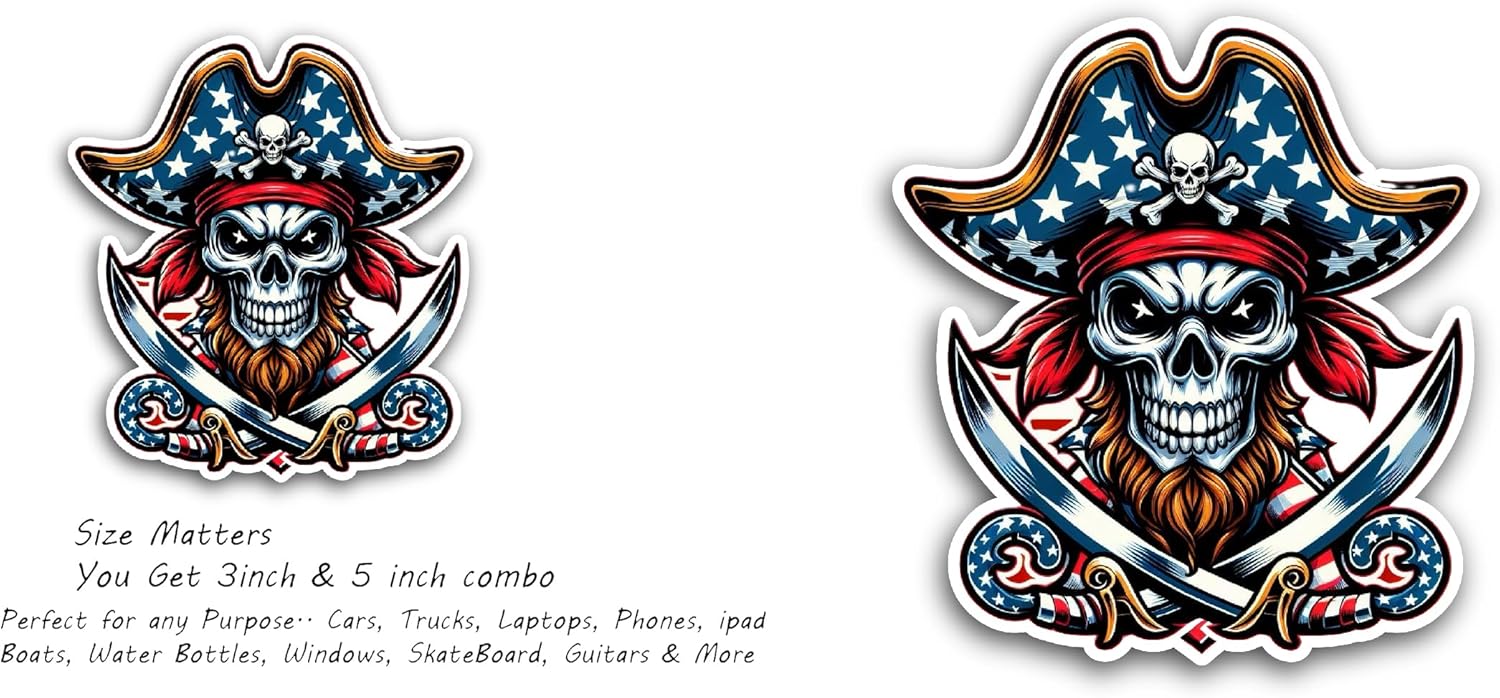 2 (Pieces) 3" and 5" Pirate Skull Decal Sticker, Waterproof Vinyl Decals for Many Purpose Like Cars, Trucks, Laptops, Phones, Windows and More