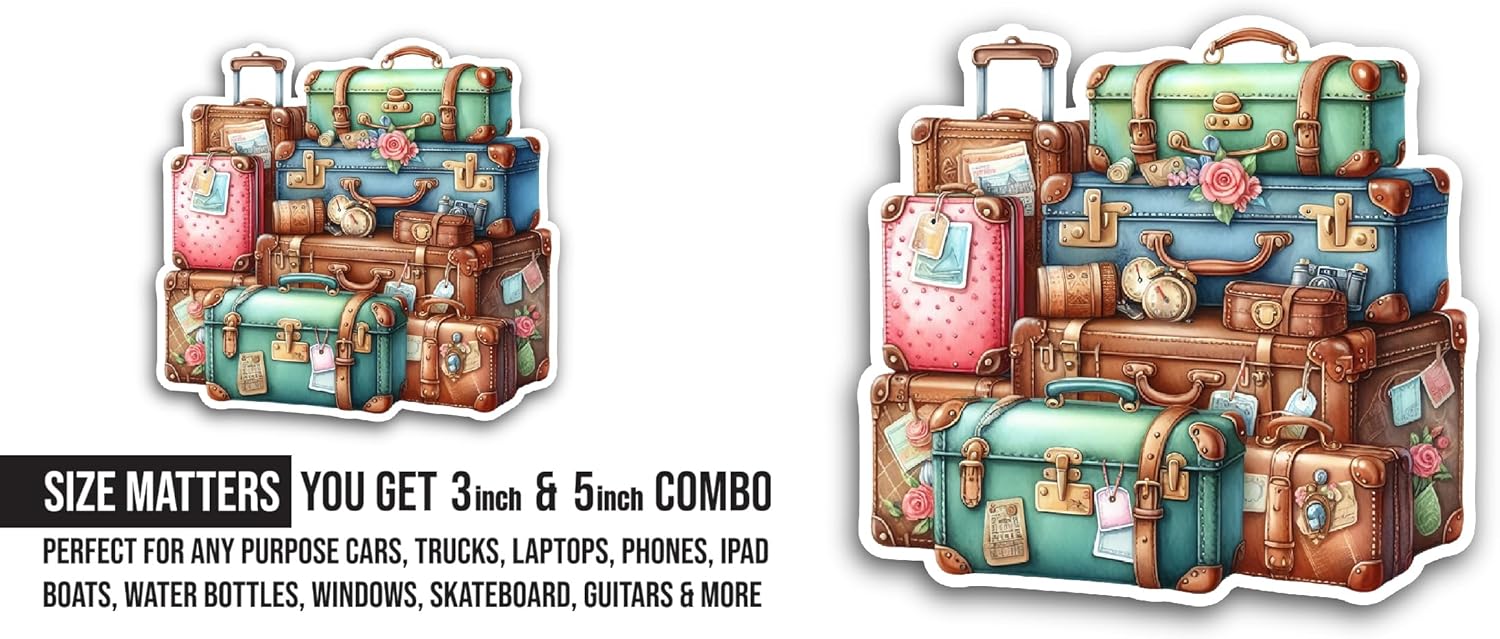 2 (Pieces) 3" and 5" Travelling Suitcases Sticker, Waterproof Vinyl Decals for Many Purpose Like Cars, Trucks, Laptops, Phones, Windows and More