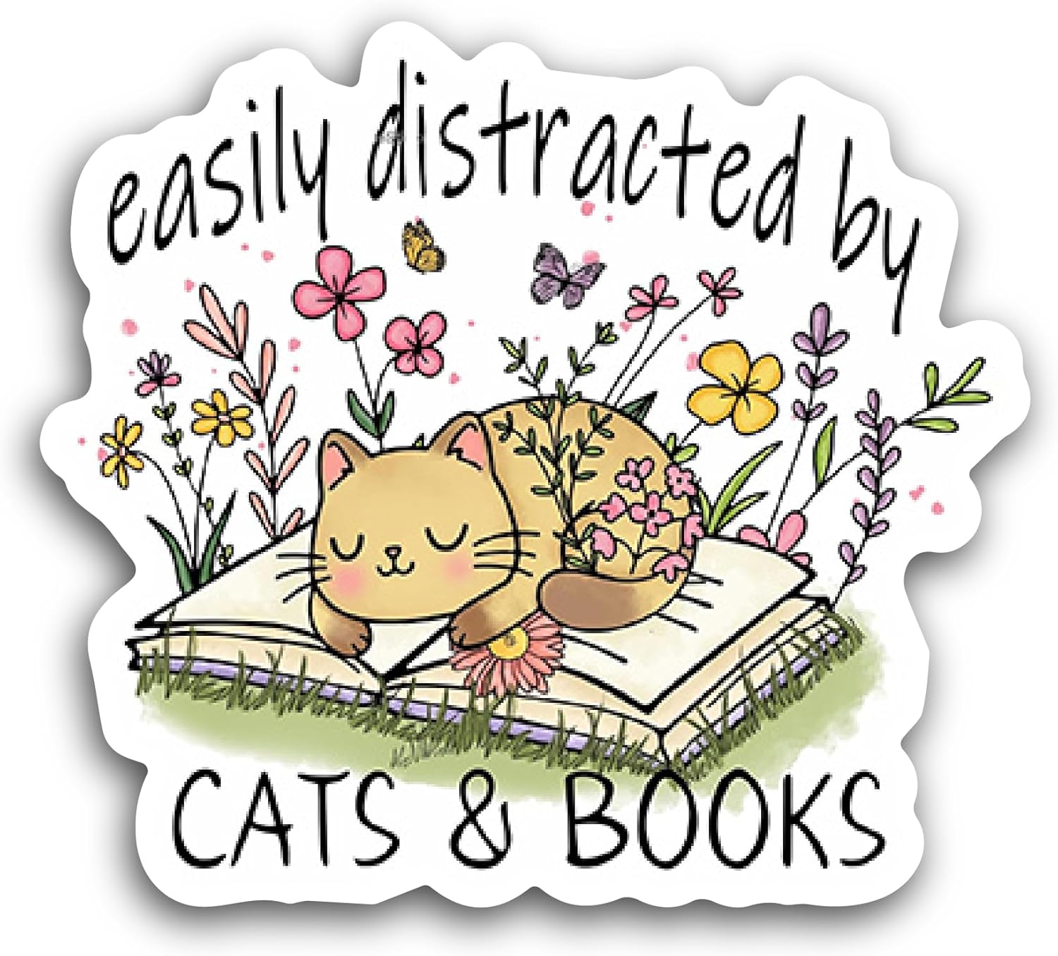 2 (Pieces) 3" and 5" Easily Distracted by Cats and Books Sticker, Waterproof Vinyl Decals for Many Purpose Like Cars, Trucks, Laptops, Phones, Windows and More
