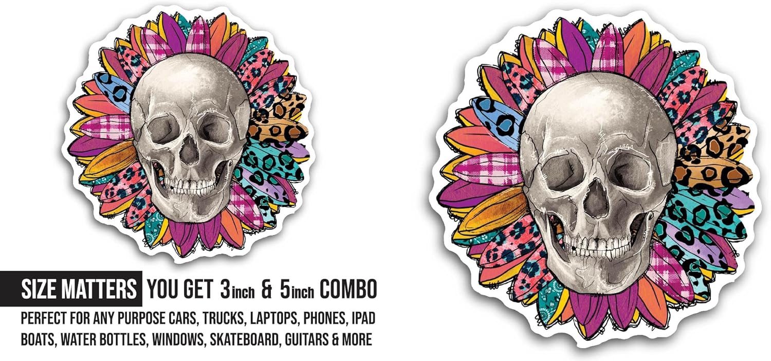 2 (Pieces) 3" and 5" Floral Skull Sticker, Waterproof Vinyl Decals for Many Purpose Like Cars, Trucks, Laptops, Phones, Windows and More