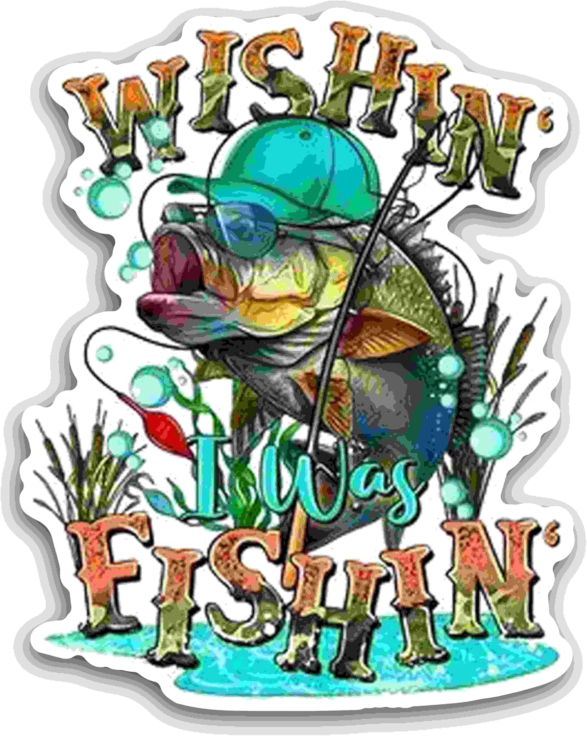 2 (Pieces) 3" and 5" Wishin I was Fishin Message Sticker Decal Sticker, Waterproof Vinyl Decals for Many Purpose Like Cars, Trucks, Laptops, Phones, Windows and More