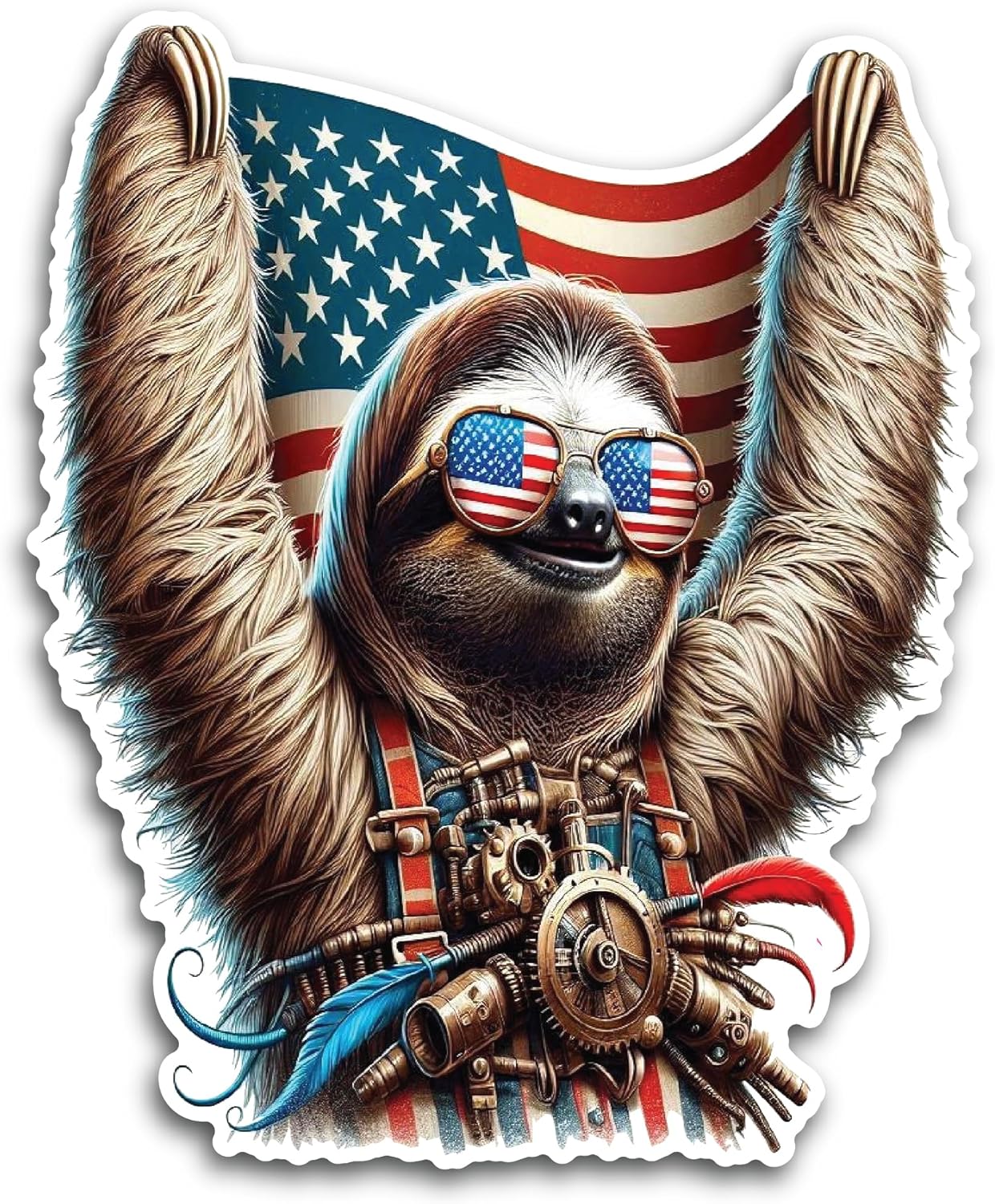 2 (Pieces) 3" and 5" Sloth Wearing Glasses with Flag and Machines Around Decal Sticker, Waterproof Vinyl Decals for Many Purpose Like Cars, Trucks, Laptops, Phones, Windows and More