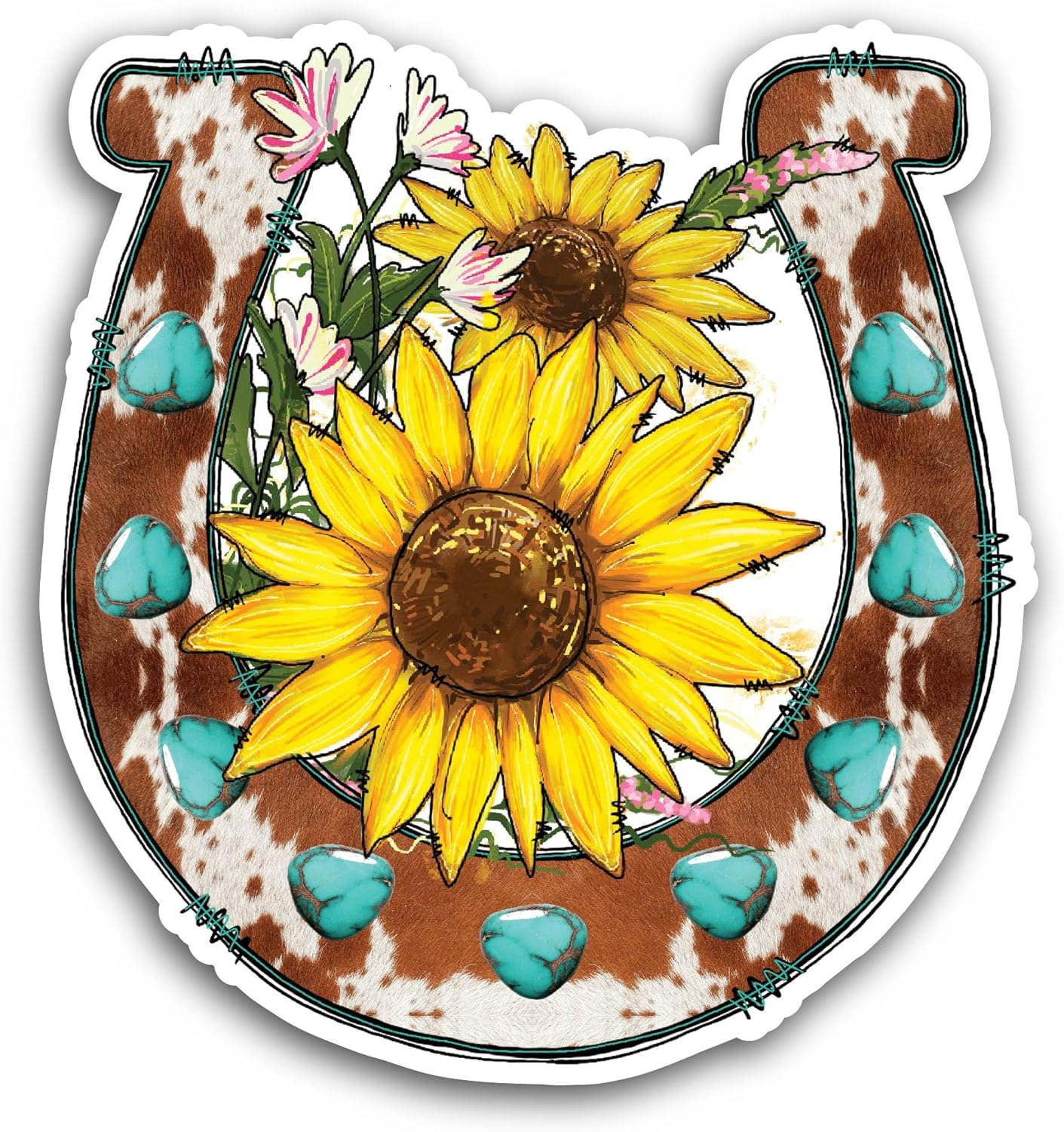 2 (Pieces) 3" and 5" Horseshoe Sunflower Sticker, Waterproof Vinyl Decals for Many Purpose Like Cars, Trucks, Laptops, Phones, Windows and More