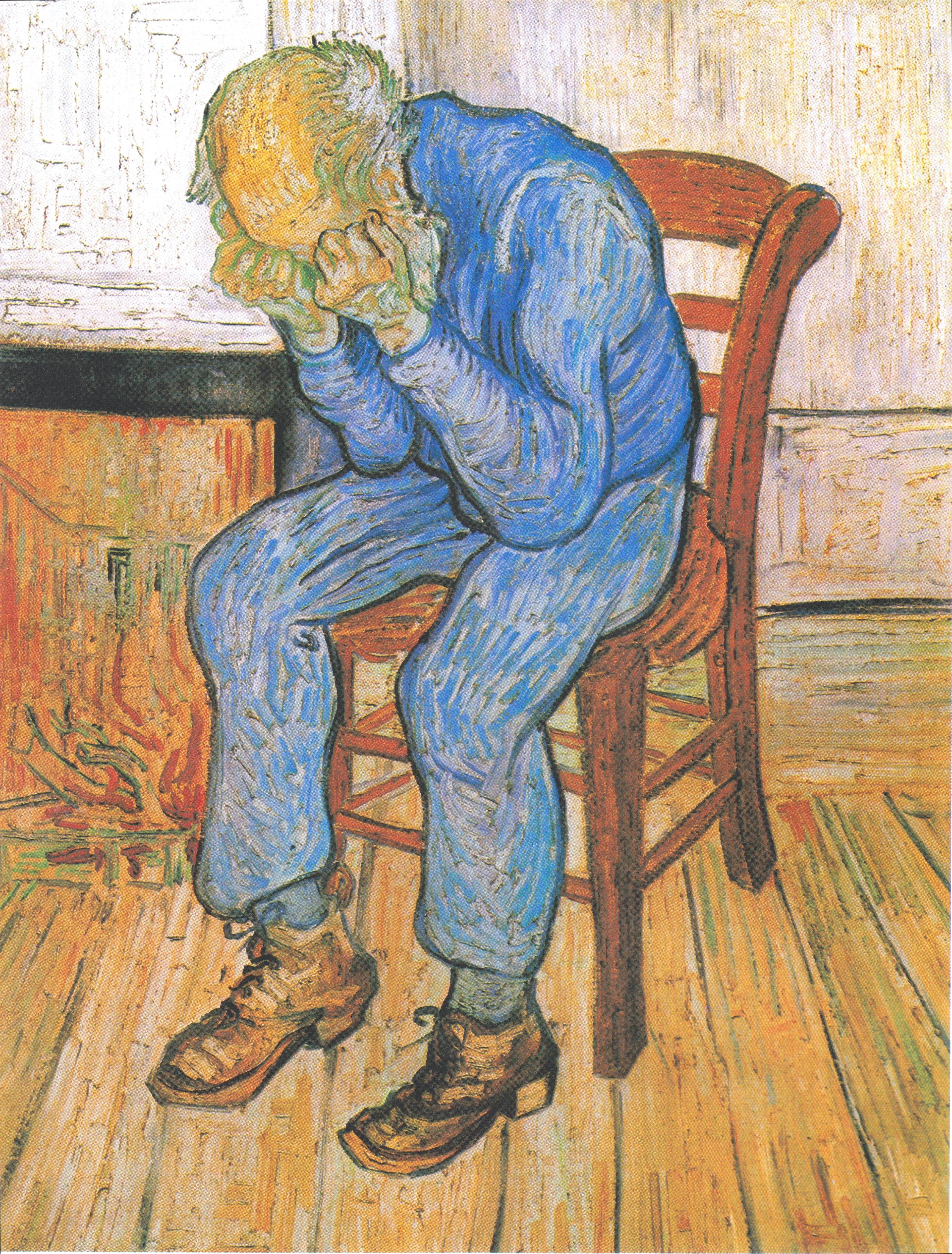 Vinyl Decal, Emotional Portrait Old Man Sitting in Chair Wall Art Print, Vintage Style Home Decor, U
