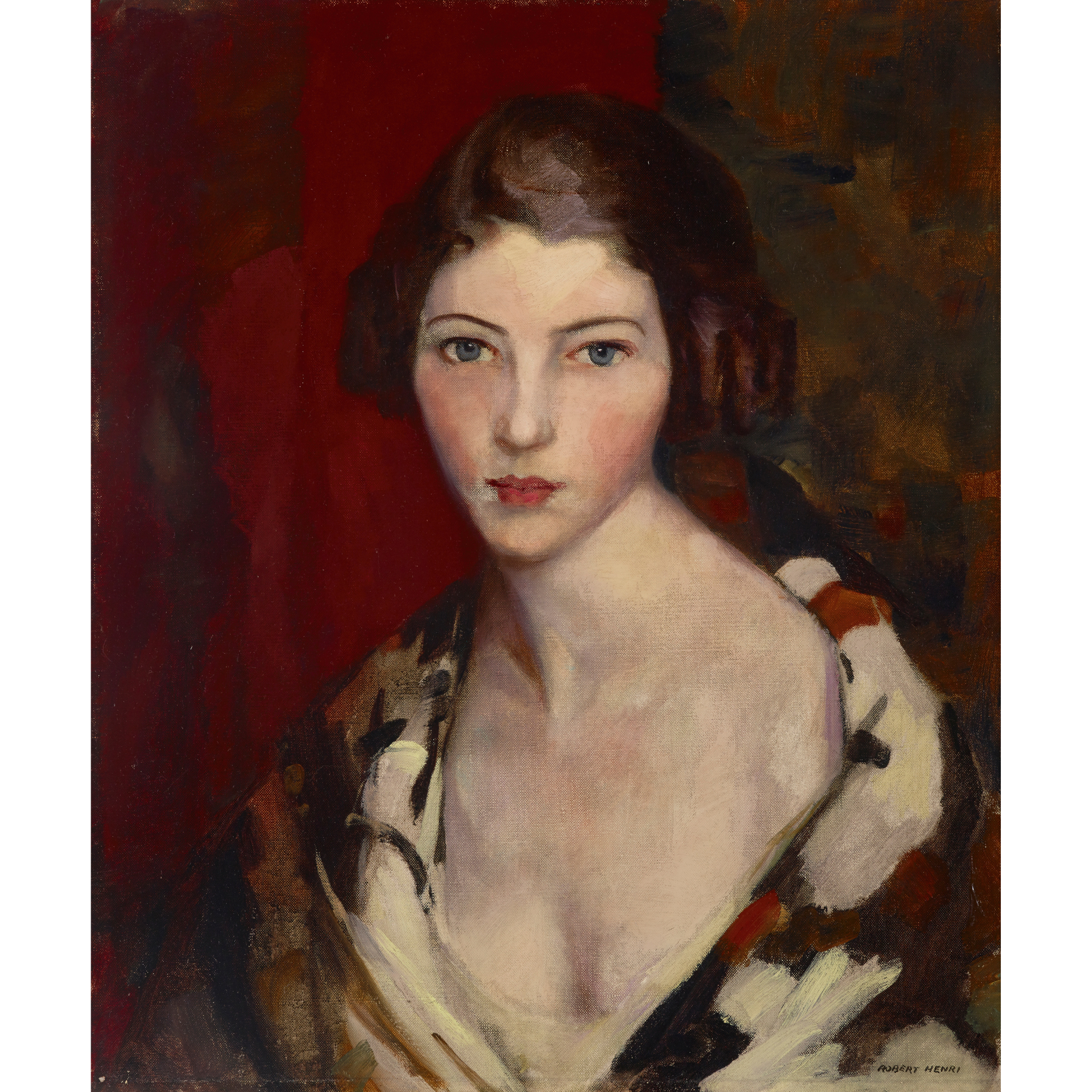 Vinyl Decal, Elegant Portrait of a Woman with Piercing Blue Eyes, Rich Red Background, and Artistic 
